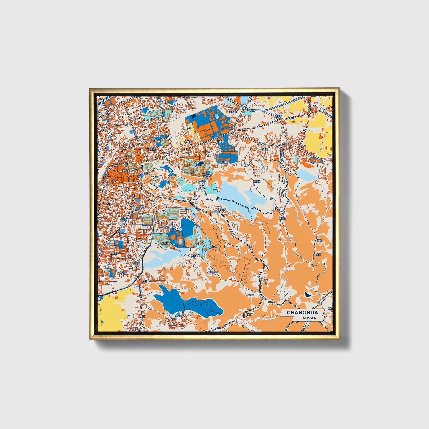 Changhua Taiwan Colorful City Map Canvas Print • Gold Framed