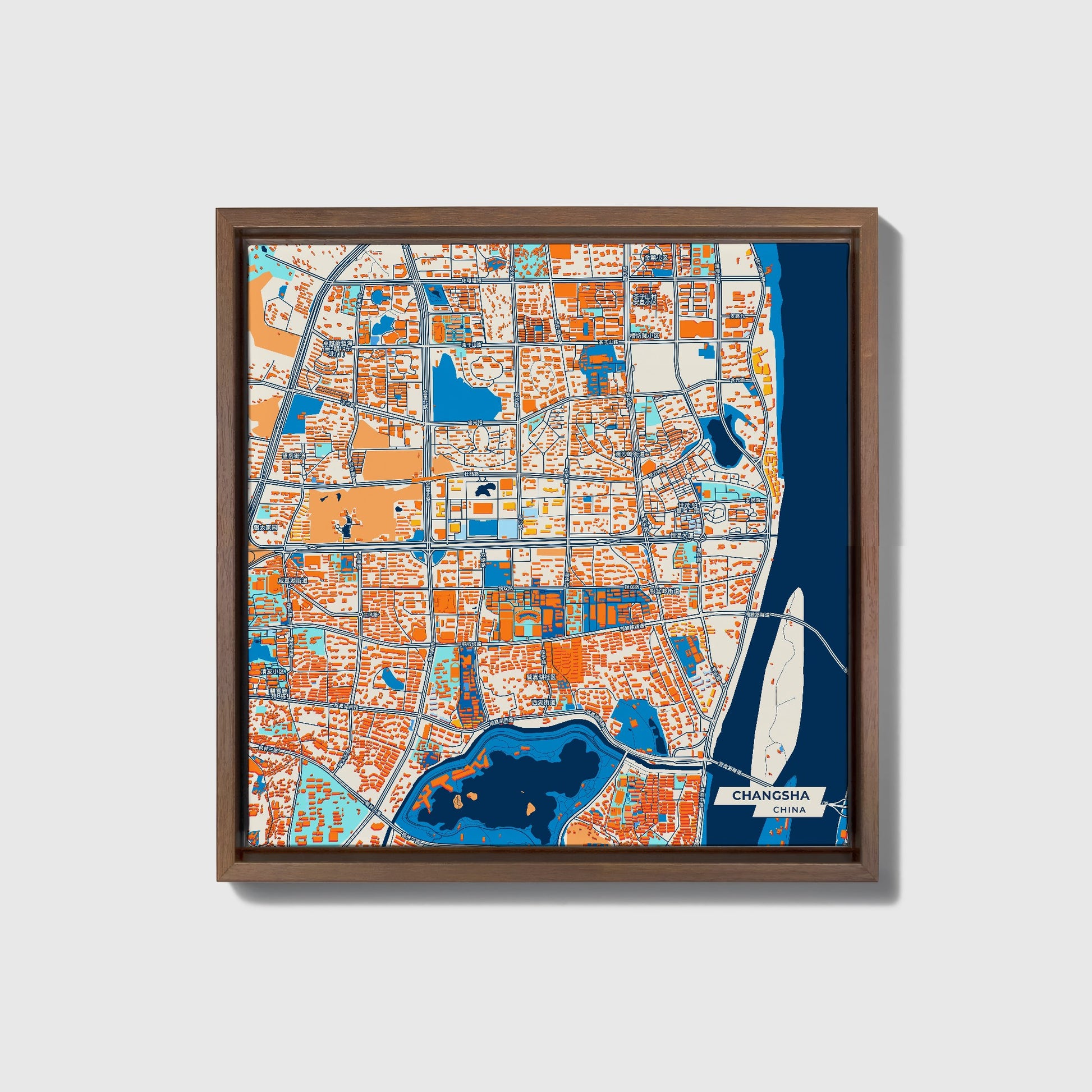 Changsha China Colorful City Map Canvas Print • Dark Wooden Framed