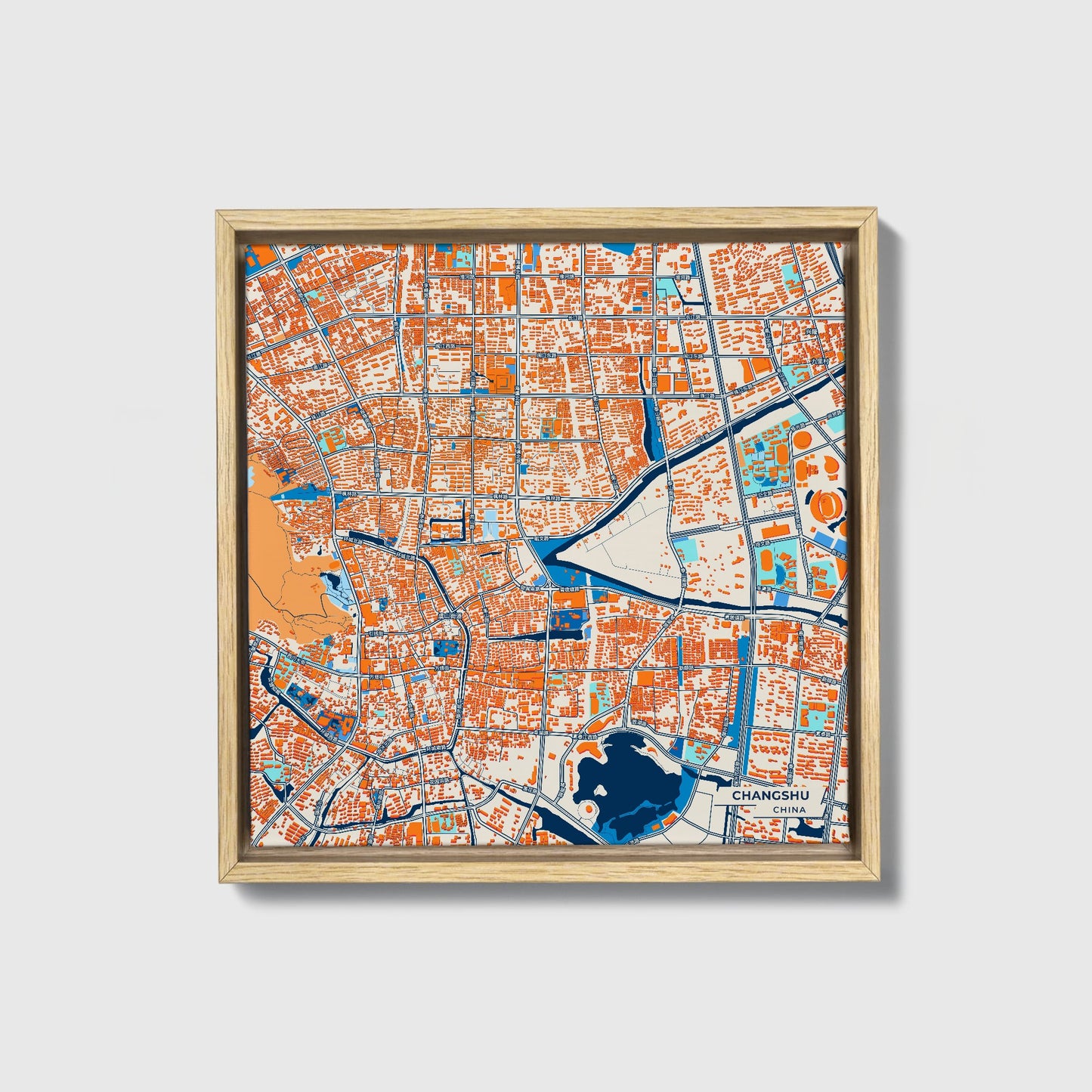 Changshu China Colorful City Map Canvas Print • Natural Wooden Framed
