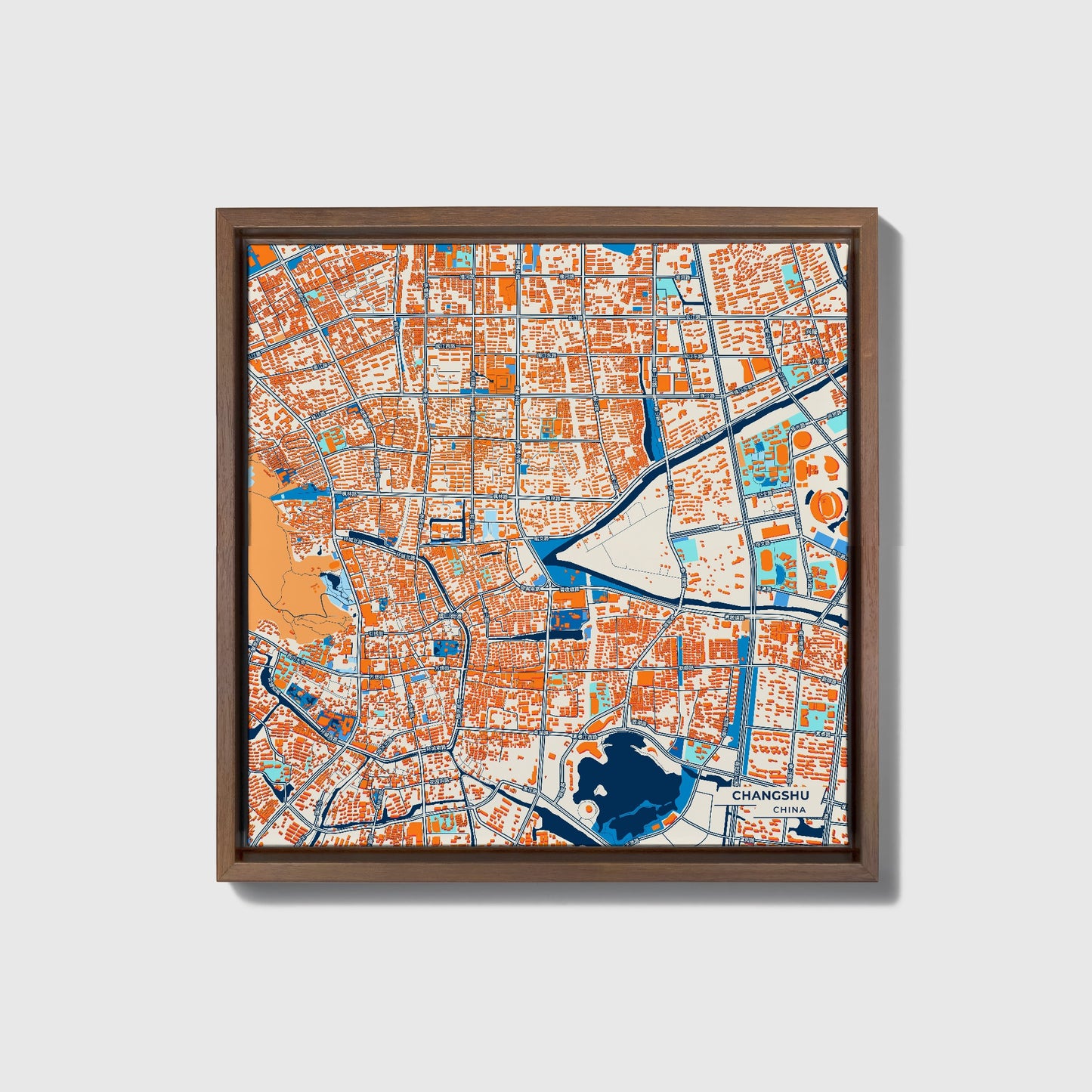 Changshu China Colorful City Map Canvas Print • Dark Wooden Framed