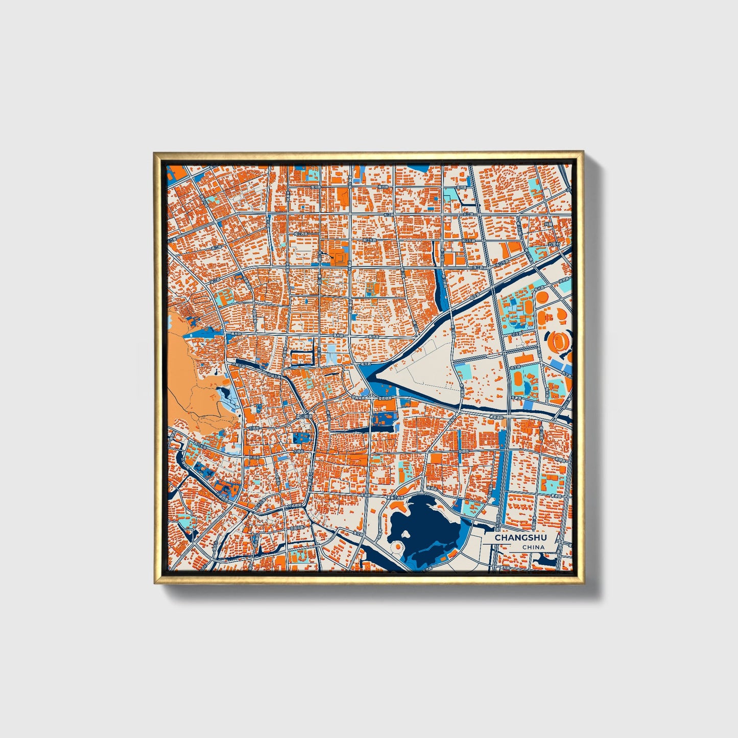 Changshu China Colorful City Map Canvas Print • Gold Framed