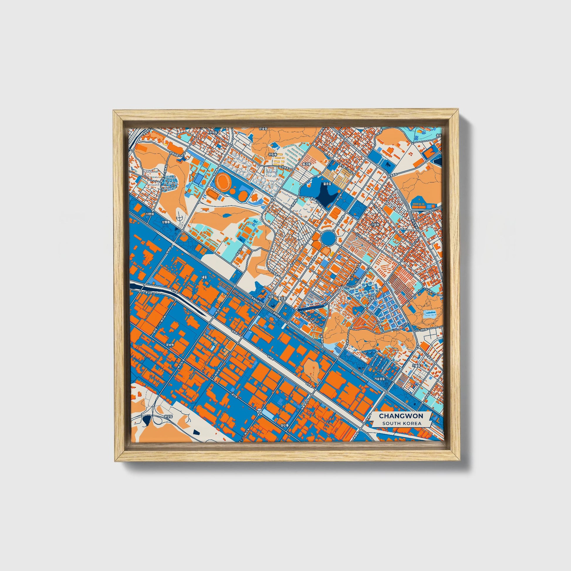 Changwon South Korea Colorful City Map Canvas Print • Natural Wooden Framed