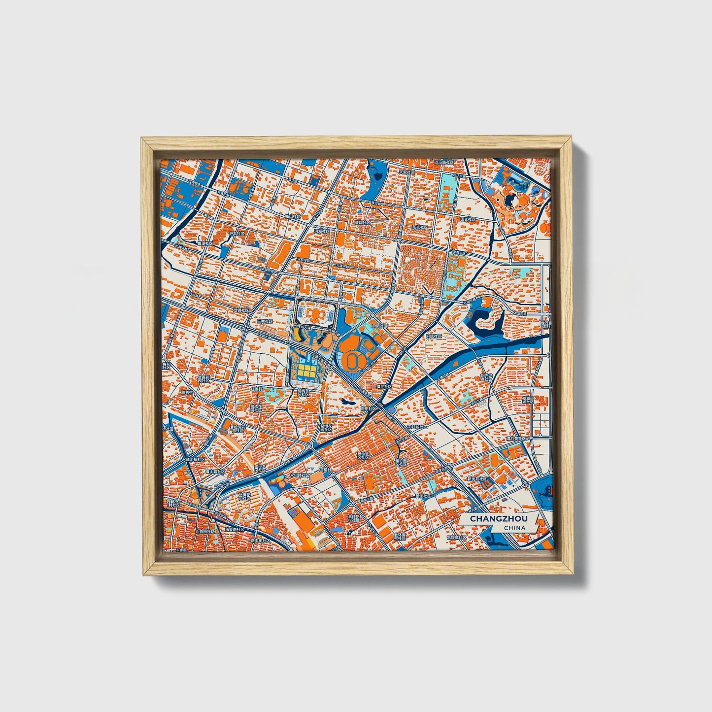 Changzhou China Colorful City Map Canvas Print • Natural Wooden Framed