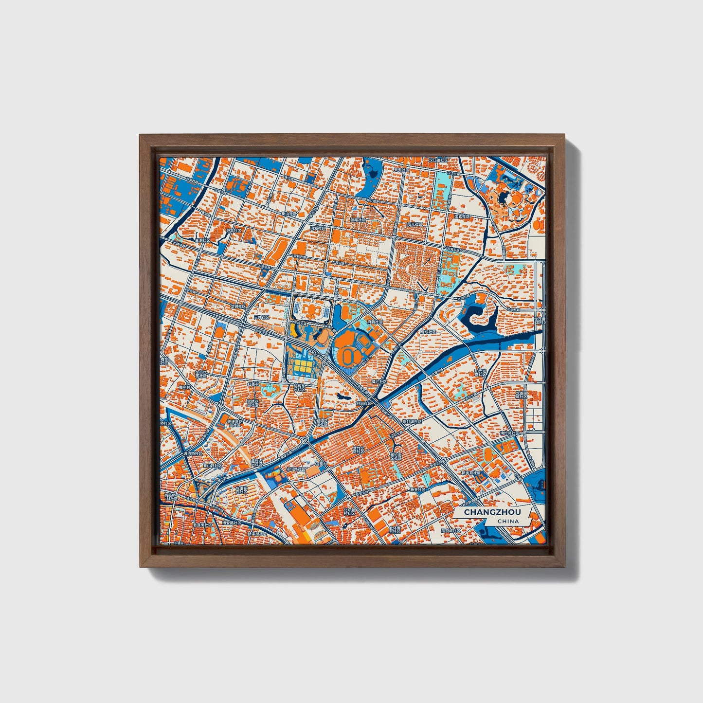 Changzhou China Colorful City Map Canvas Print • Dark Wooden Framed