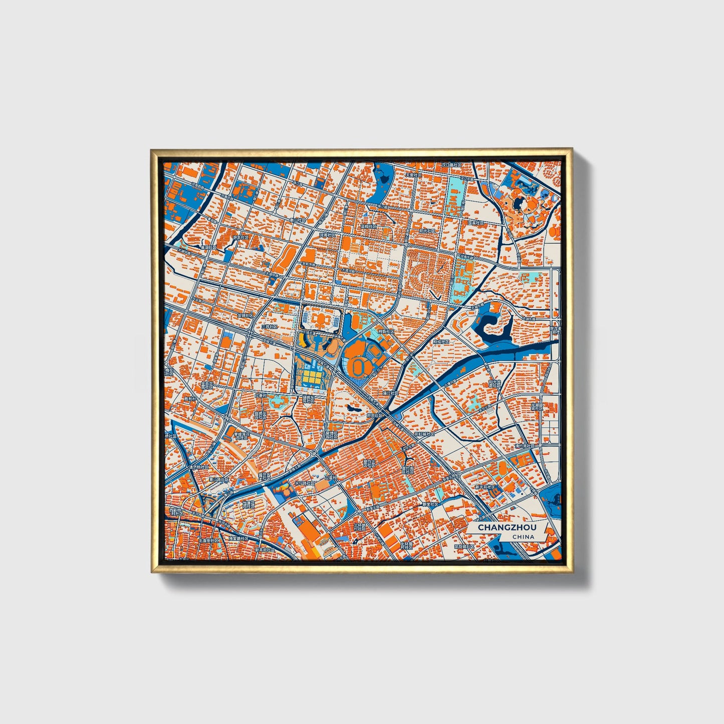 Changzhou China Colorful City Map Canvas Print • Gold Framed