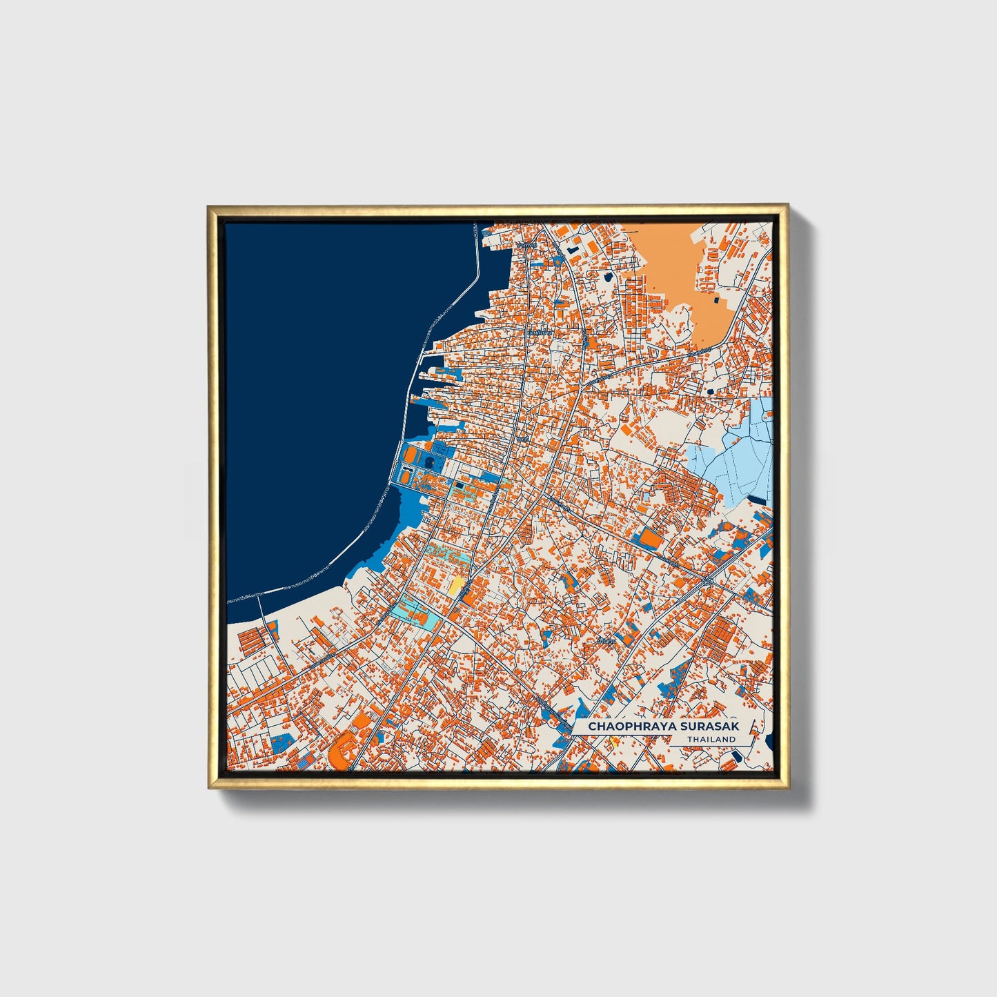 Chaophraya Surasak Thailand Colorful City Map Canvas Print • Gold Framed