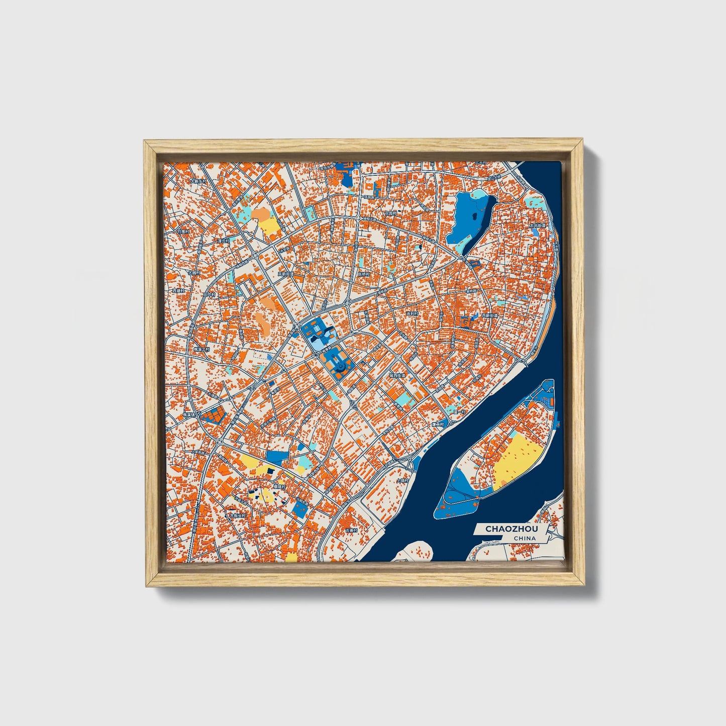 Chaozhou China Colorful City Map Canvas Print • Natural Wooden Framed