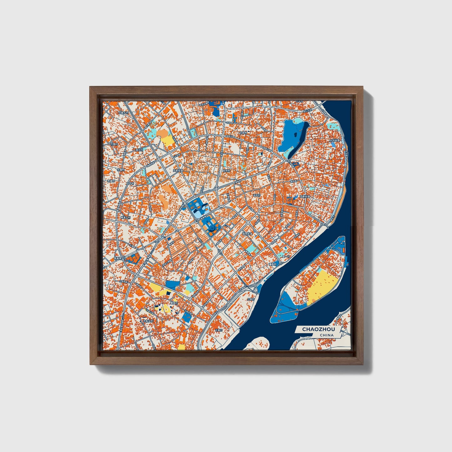 Chaozhou China Colorful City Map Canvas Print • Dark Wooden Framed