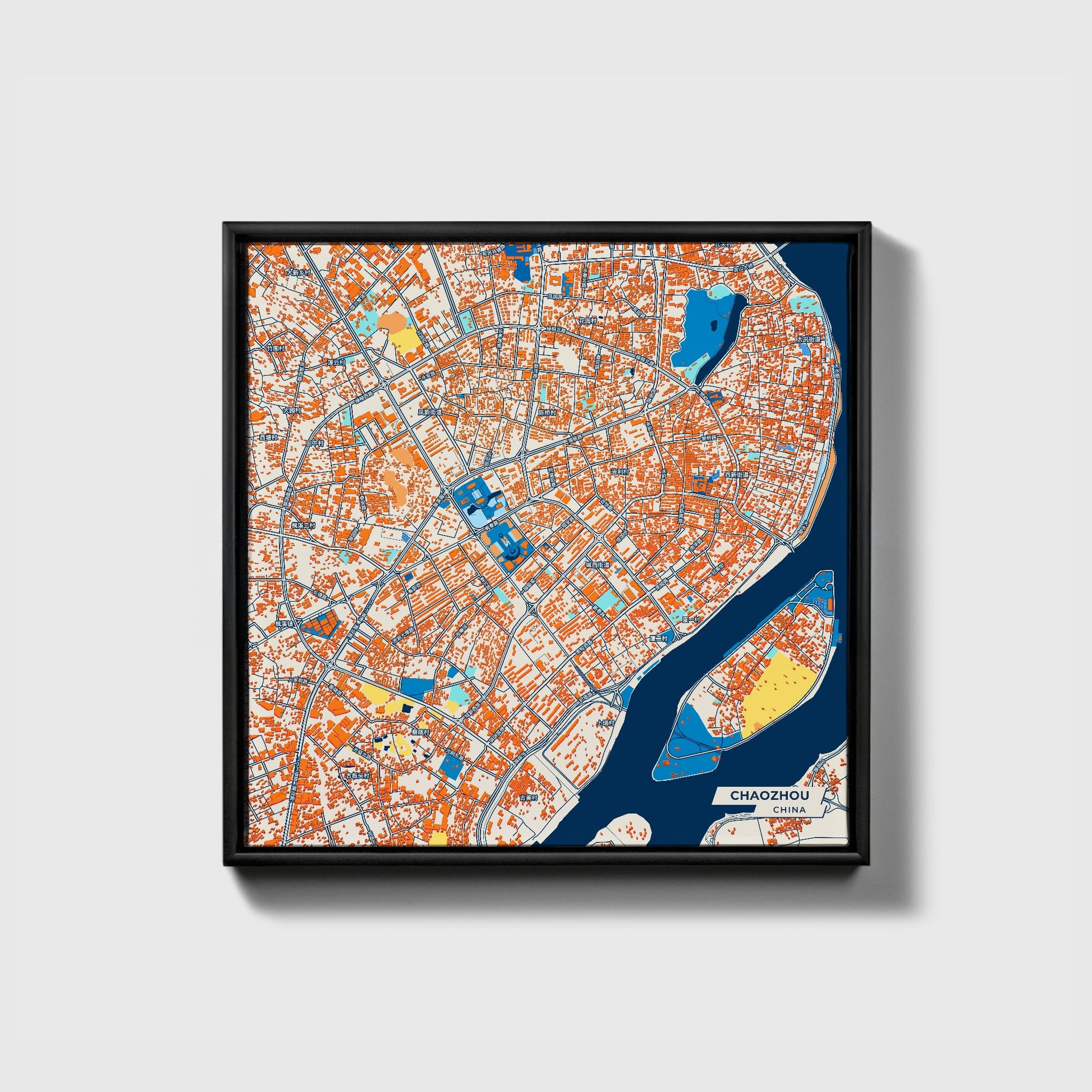 Chaozhou China Colorful City Map Canvas Print • Black Framed