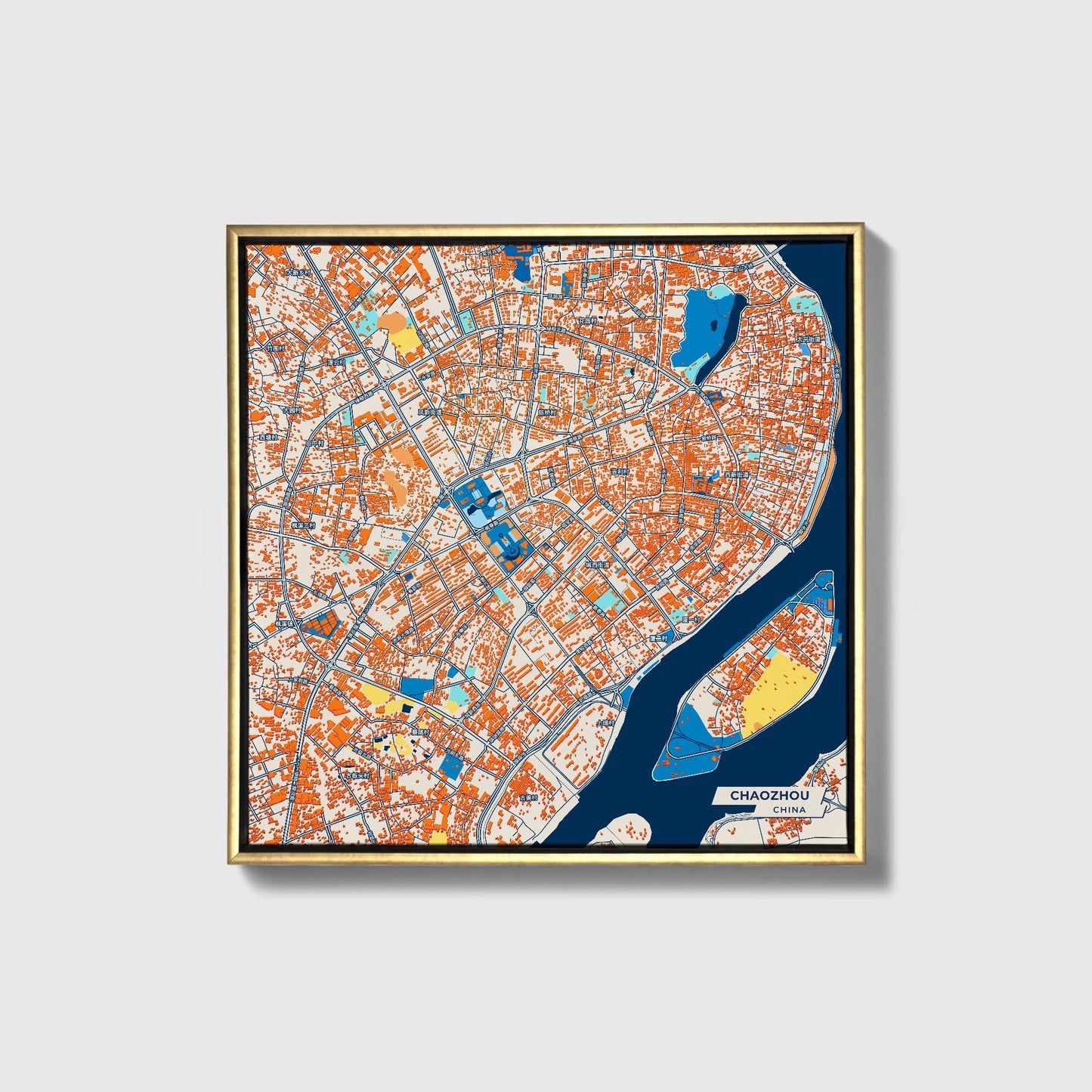 Chaozhou China Colorful City Map Canvas Print • Gold Framed