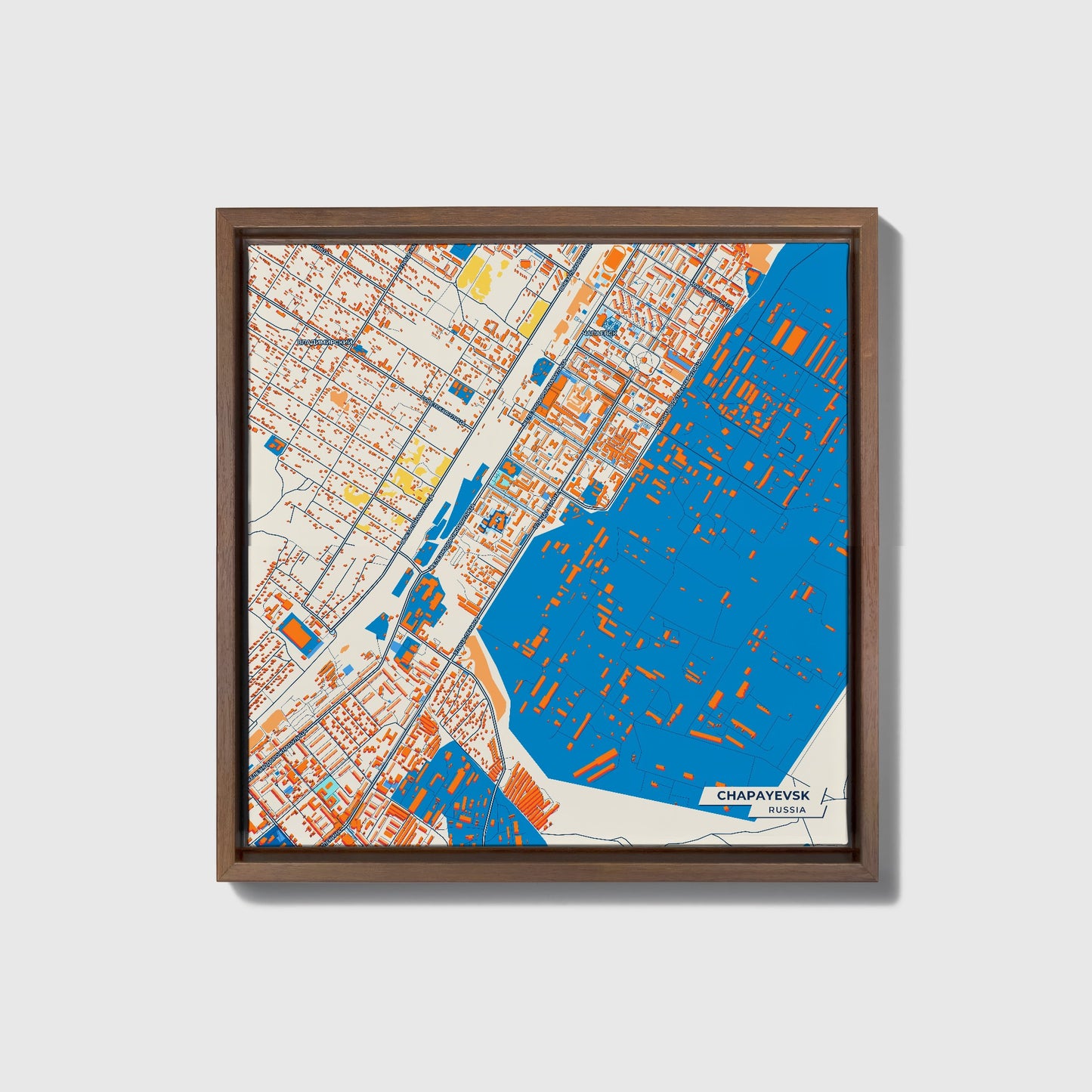 Чапаевск Russia Colorful City Map Canvas Print • Dark Wooden Framed