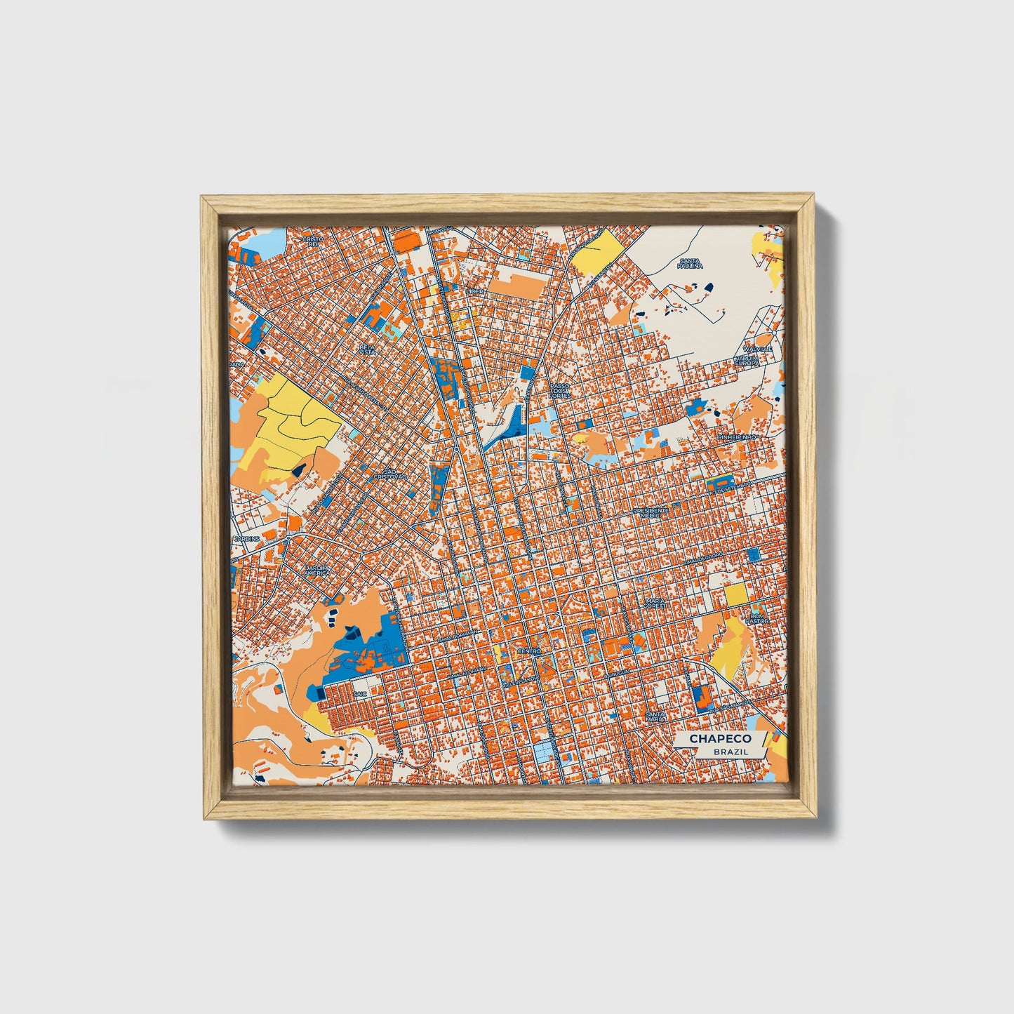 Chapeco Brazil Colorful City Map Canvas Print • Natural Wooden Framed