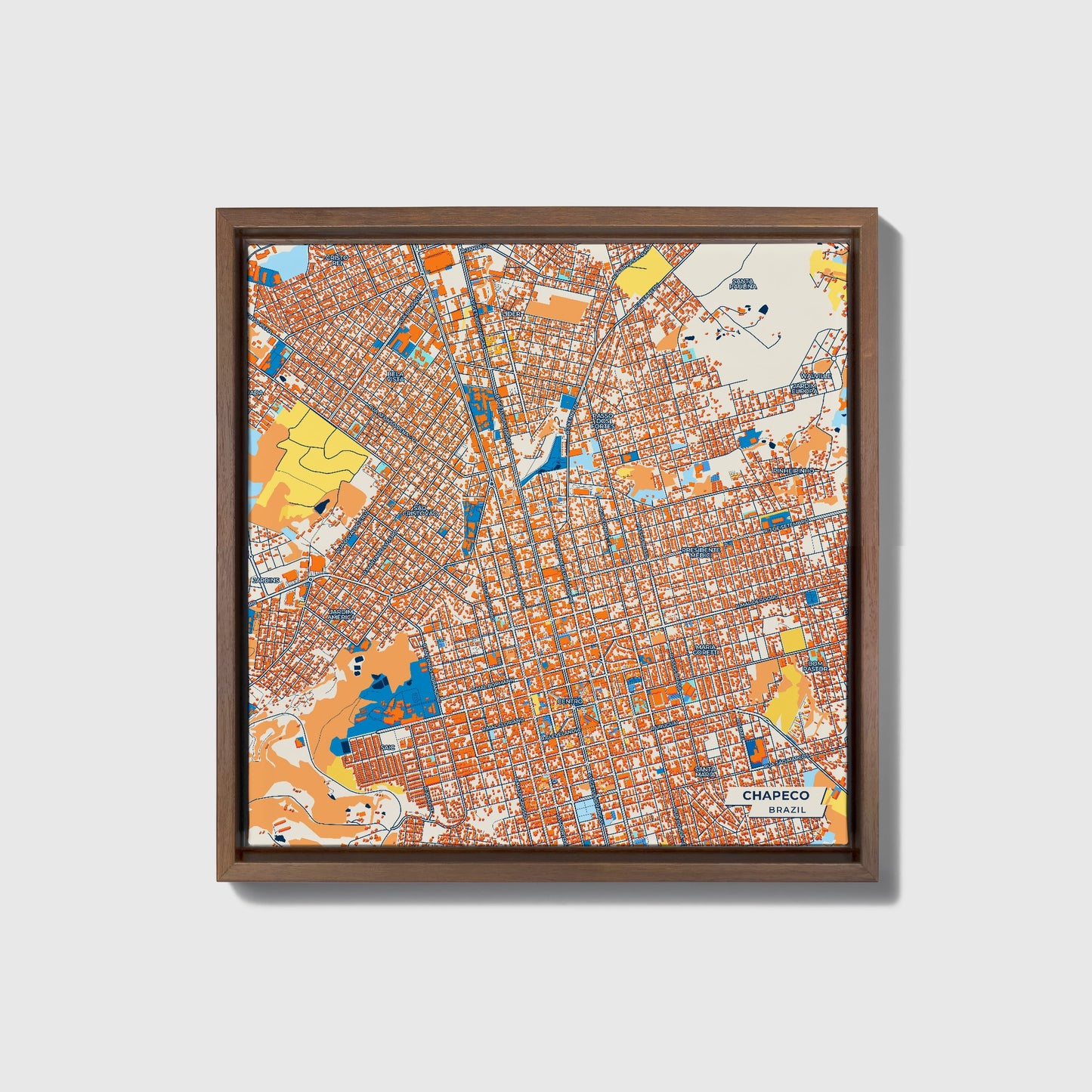 Chapeco Brazil Colorful City Map Canvas Print • Dark Wooden Framed