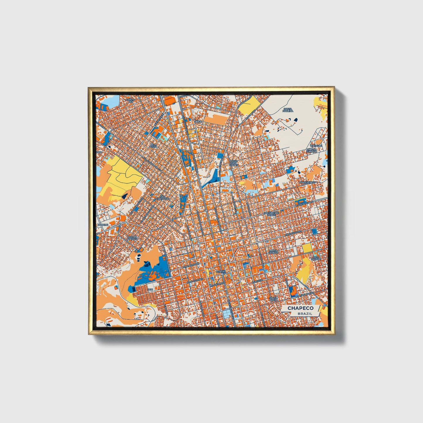 Chapeco Brazil Colorful City Map Canvas Print • Gold Framed
