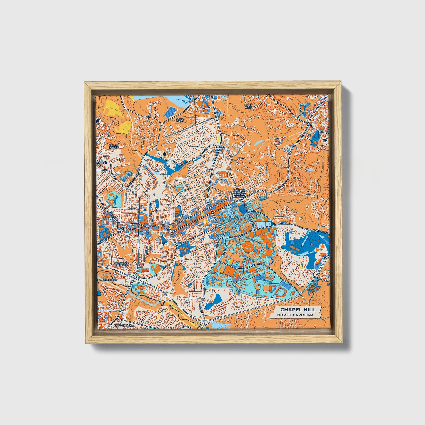 Chapel Hill North Carolina Colorful City Map Canvas Print • Natural Wooden Framed