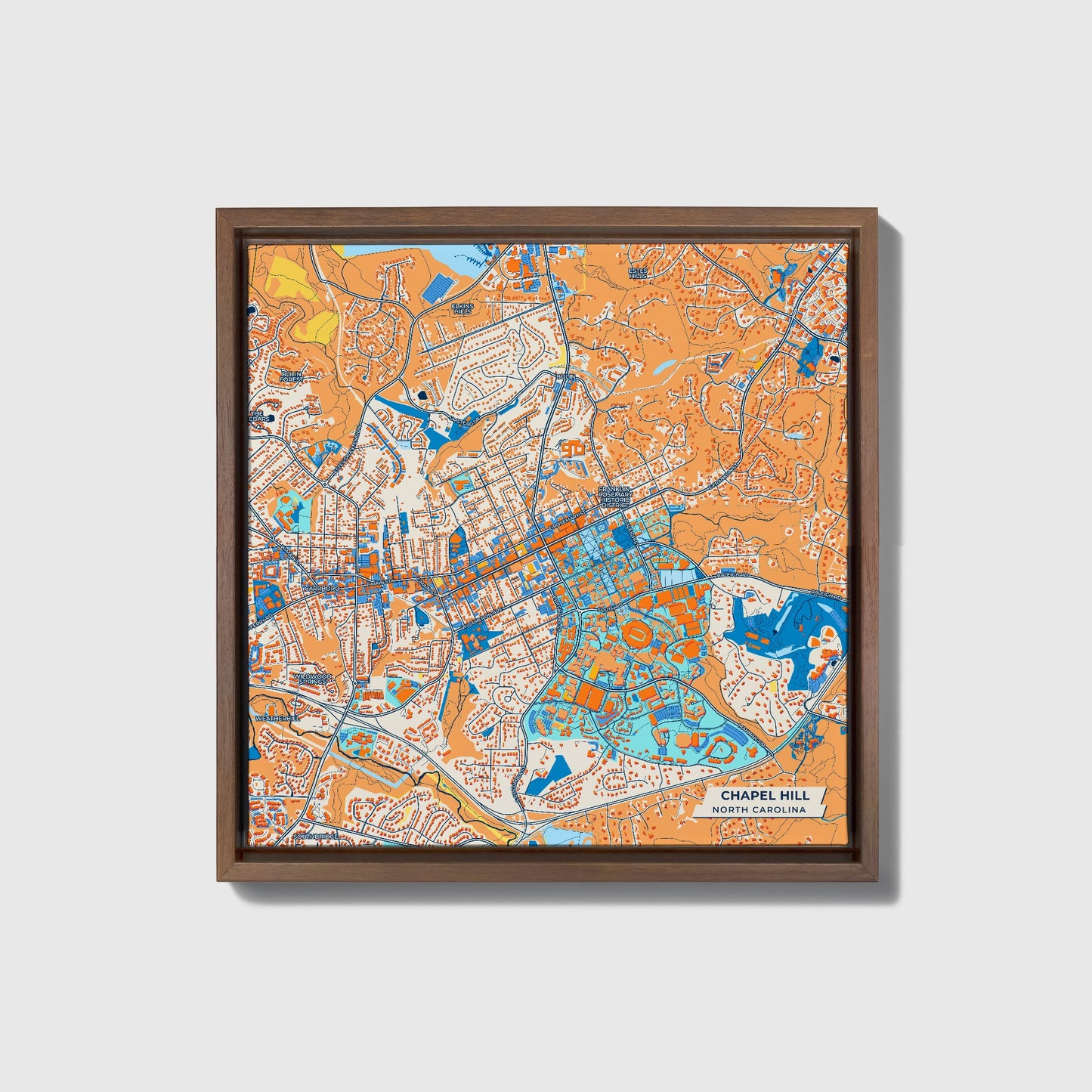 Chapel Hill North Carolina Colorful City Map Canvas Print • Dark Wooden Framed