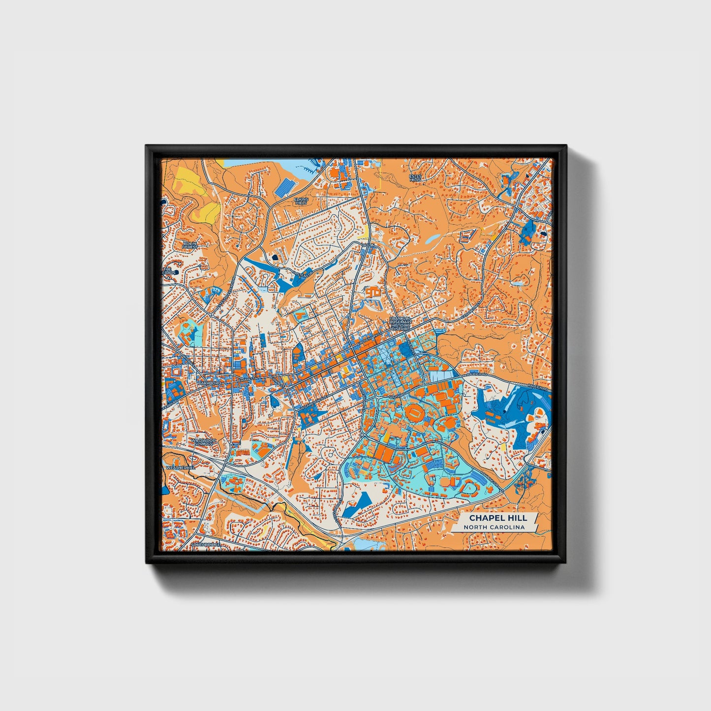 Chapel Hill North Carolina Colorful City Map Canvas Print • Black Framed