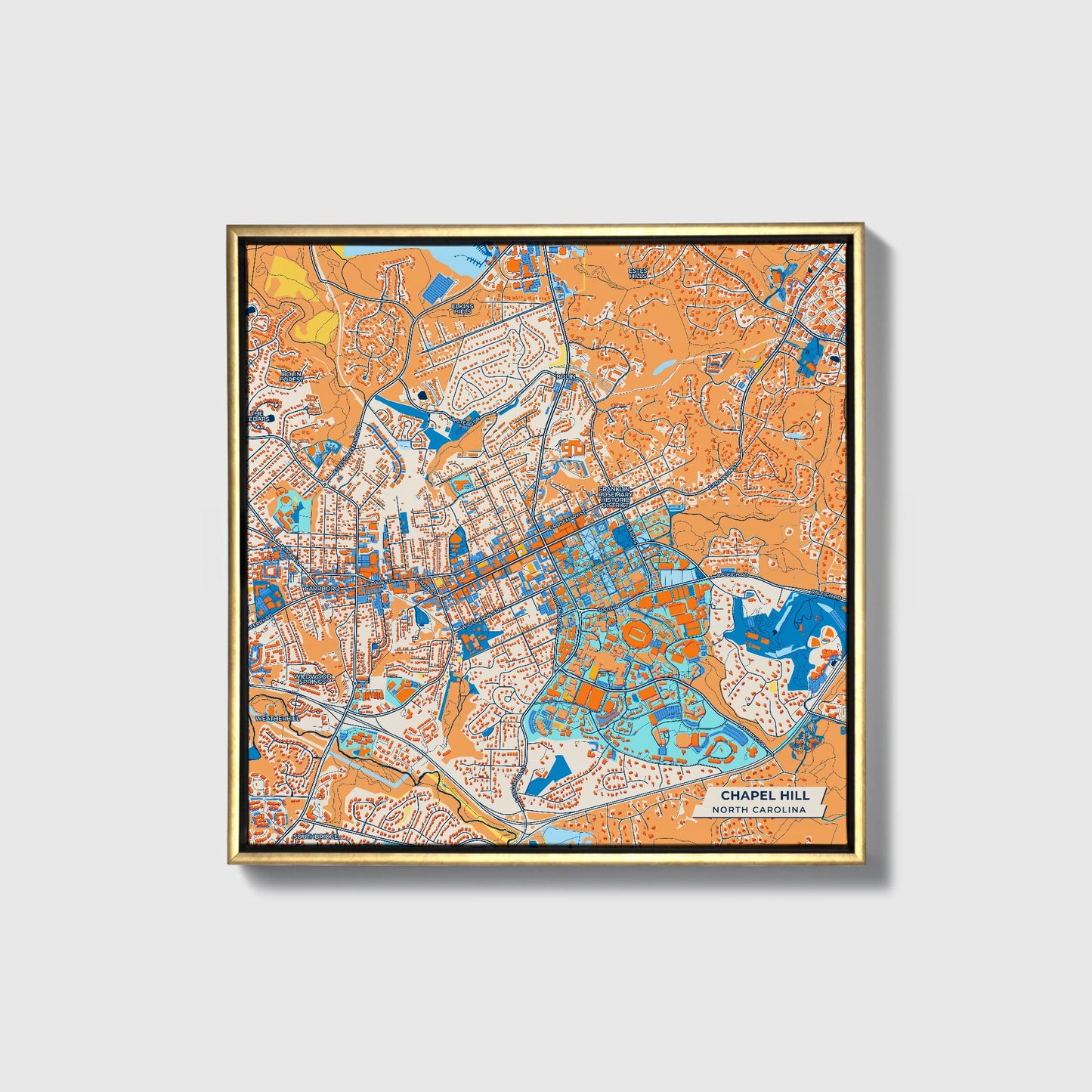 Chapel Hill North Carolina Colorful City Map Canvas Print • Gold Framed