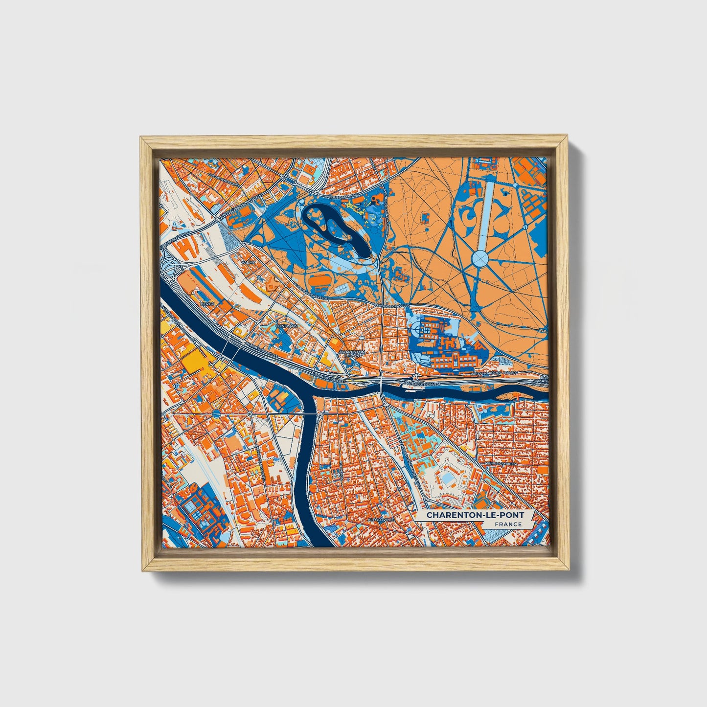 Charenton-Le-Pont France Colorful City Map Canvas Print • Natural Wooden Framed