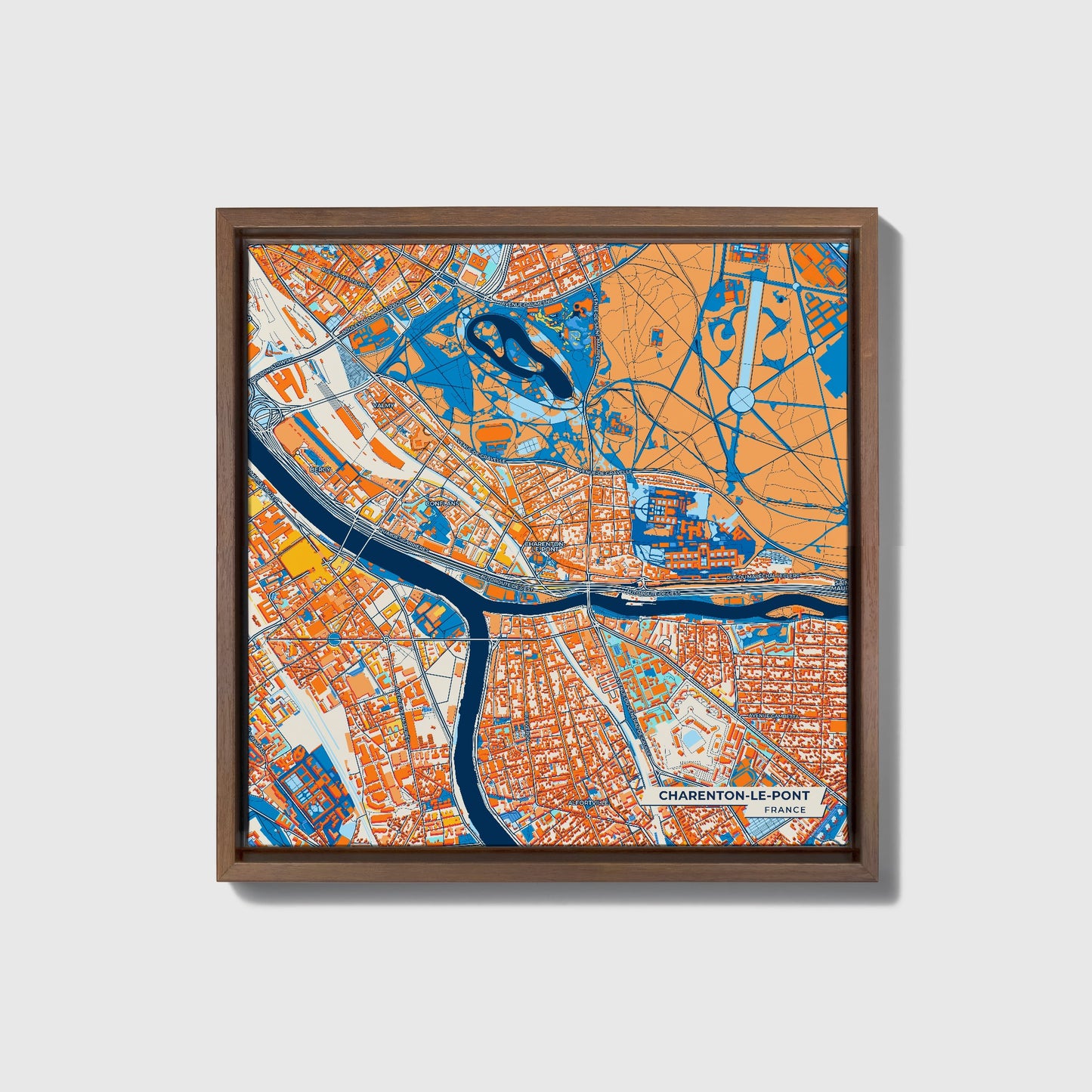Charenton-Le-Pont France Colorful City Map Canvas Print • Dark Wooden Framed