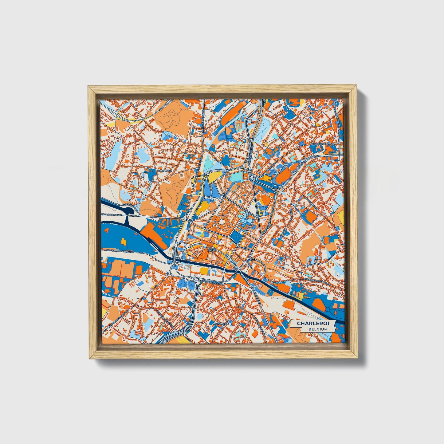 Charleroi Belgium Colorful City Map Canvas Print • Natural Wooden Framed