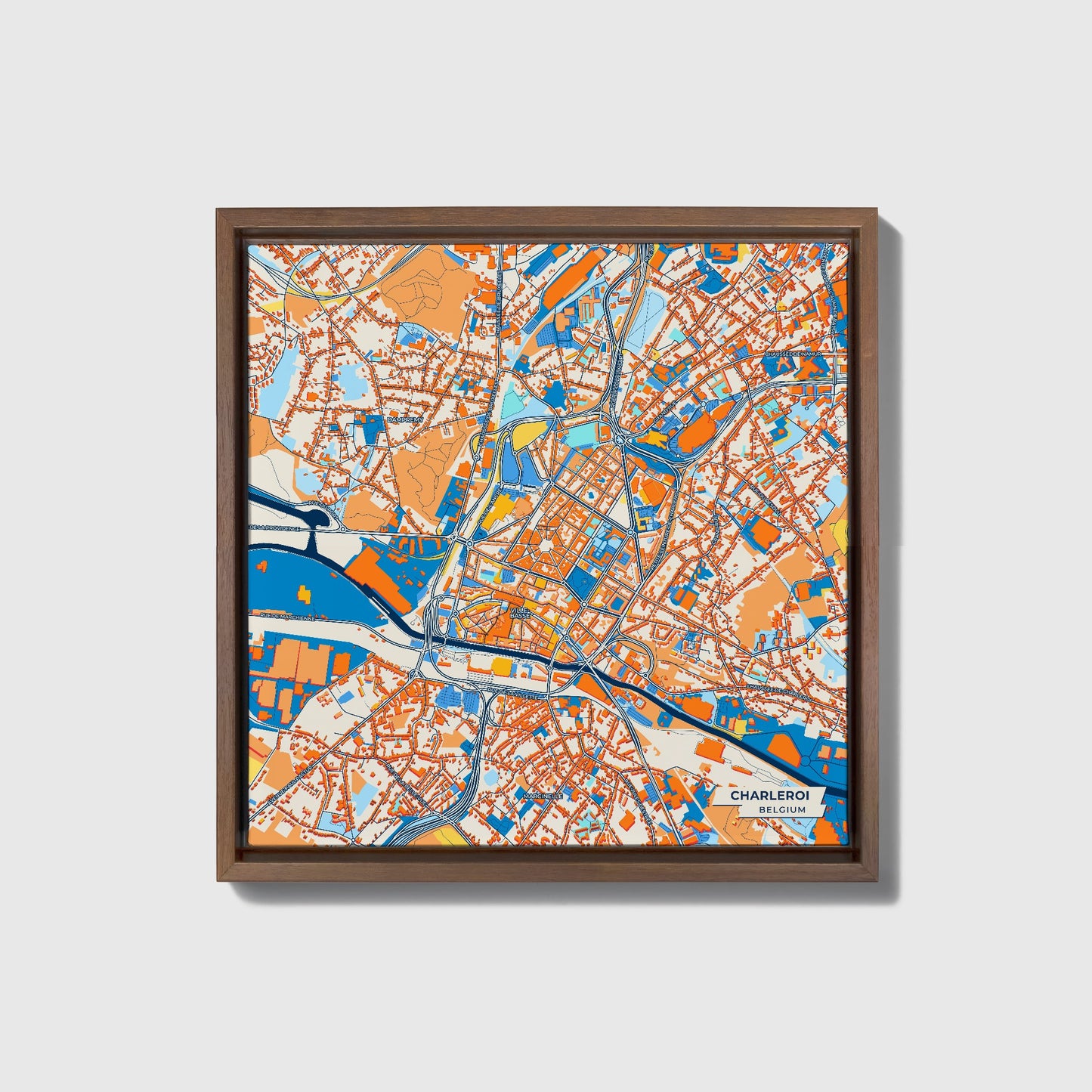 Charleroi Belgium Colorful City Map Canvas Print • Dark Wooden Framed