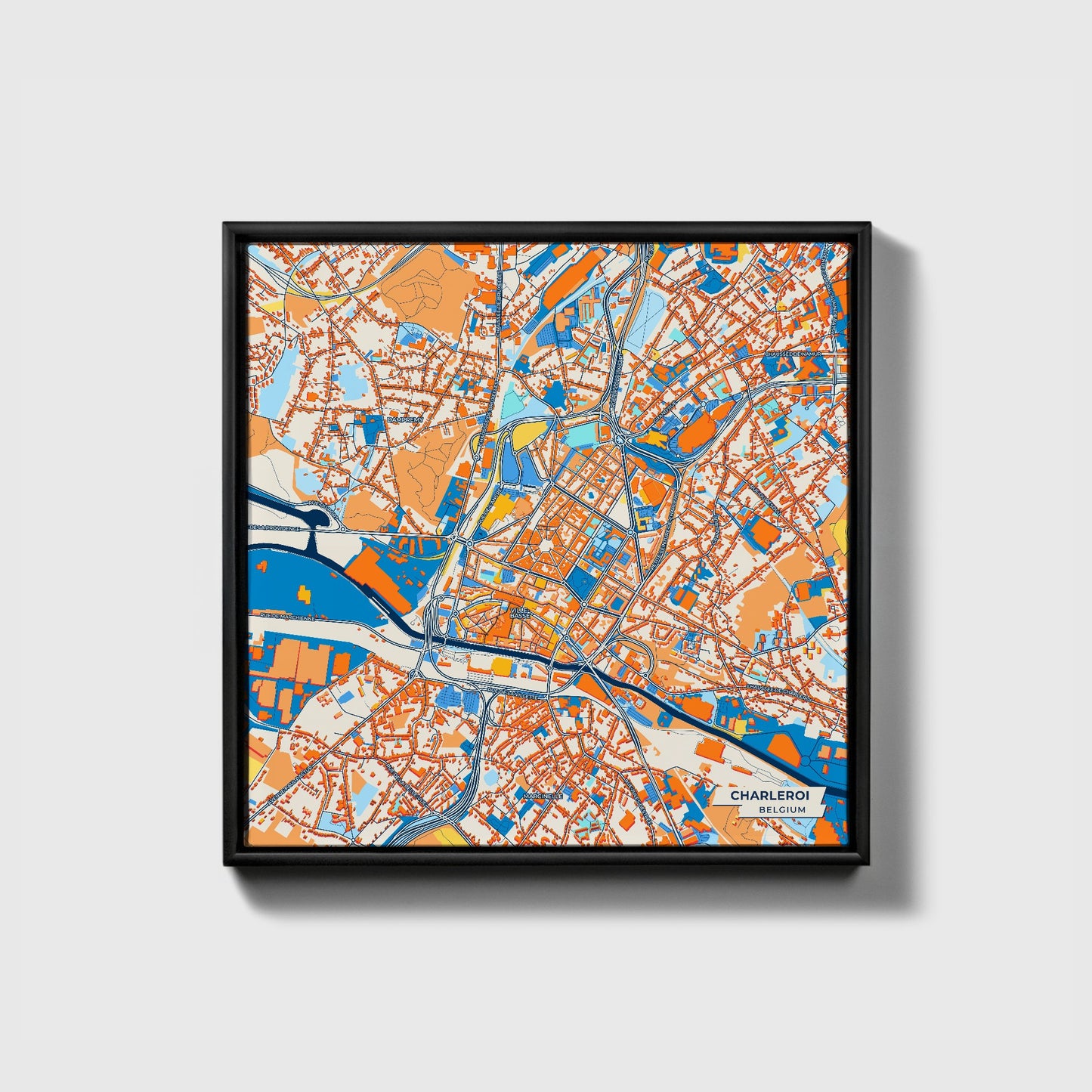 Charleroi Belgium Colorful City Map Canvas Print • Black Framed