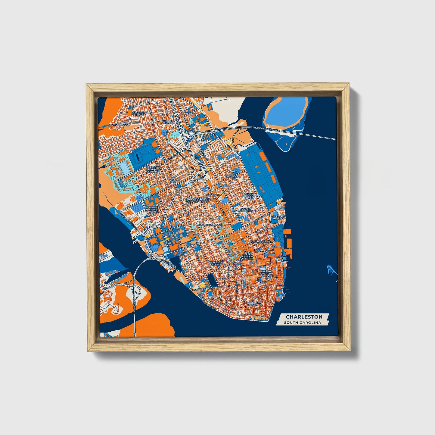 Charleston South Carolina Colorful City Map Canvas Print • Natural Wooden Framed