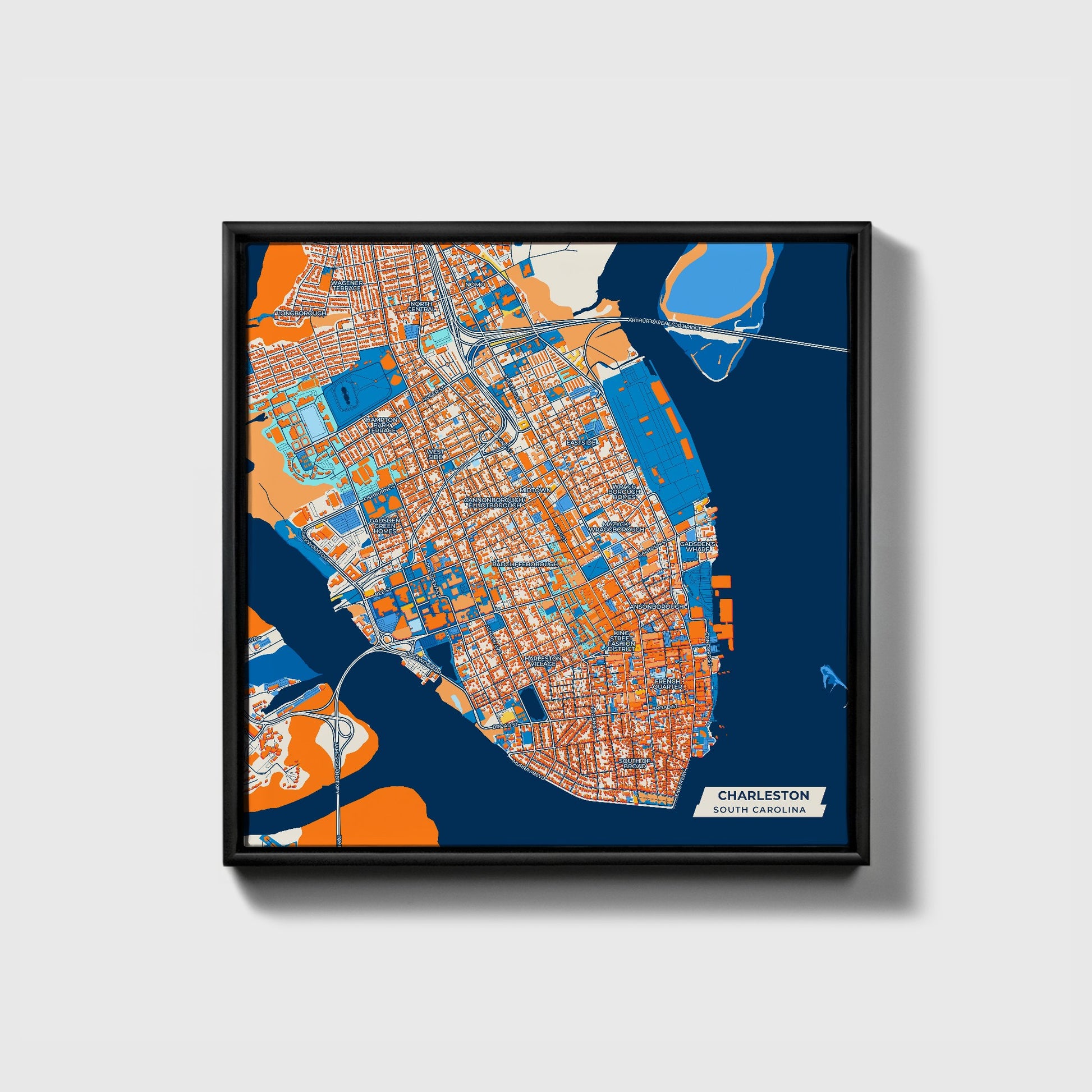 Charleston South Carolina Colorful City Map Canvas Print • Black Framed
