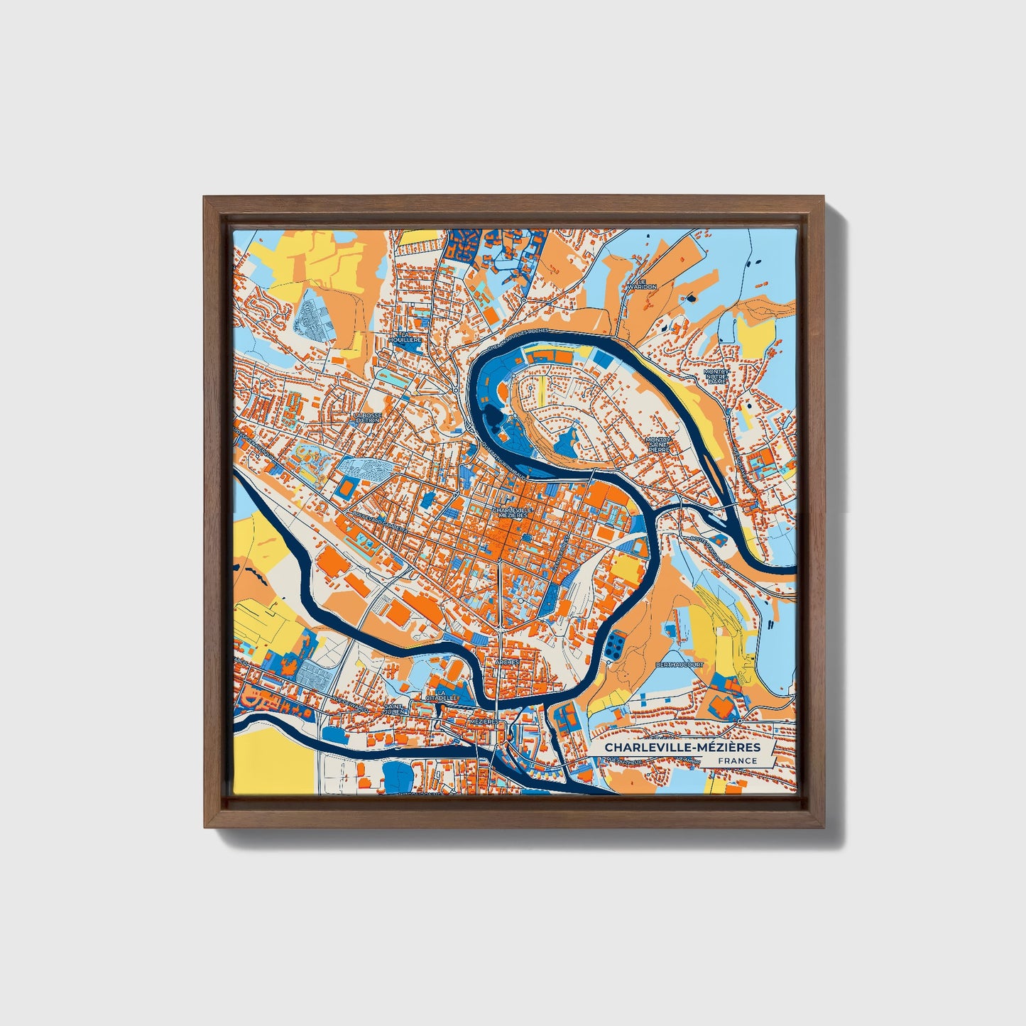 Charleville-Mézières France Colorful City Map Canvas Print • Dark Wooden Framed