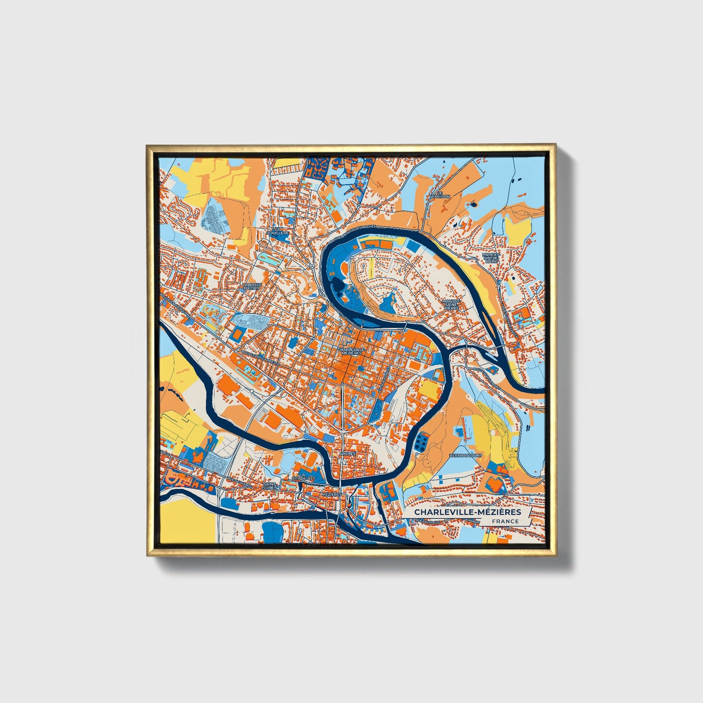 Charleville-Mézières France Colorful City Map Canvas Print • Gold Framed