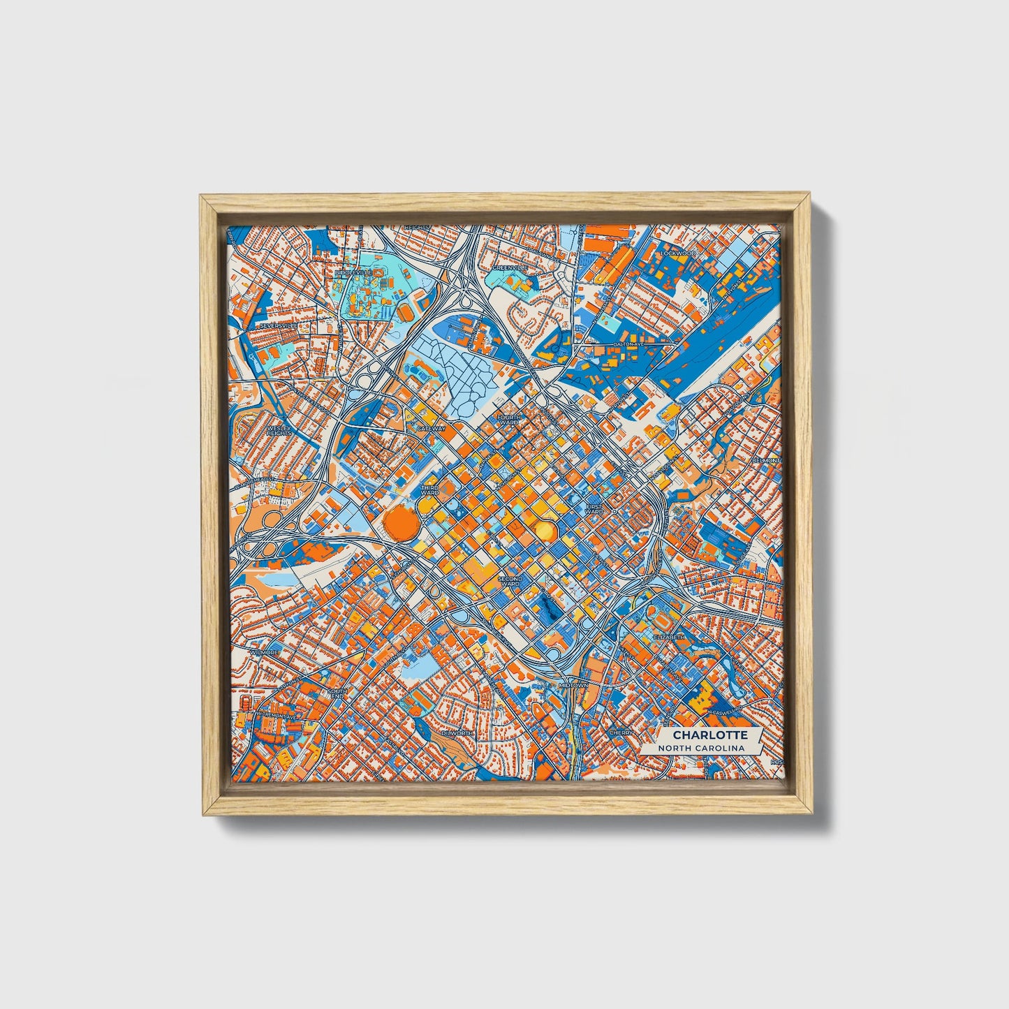 Charlotte North Carolina Colorful City Map Canvas Print • Natural Wooden Framed
