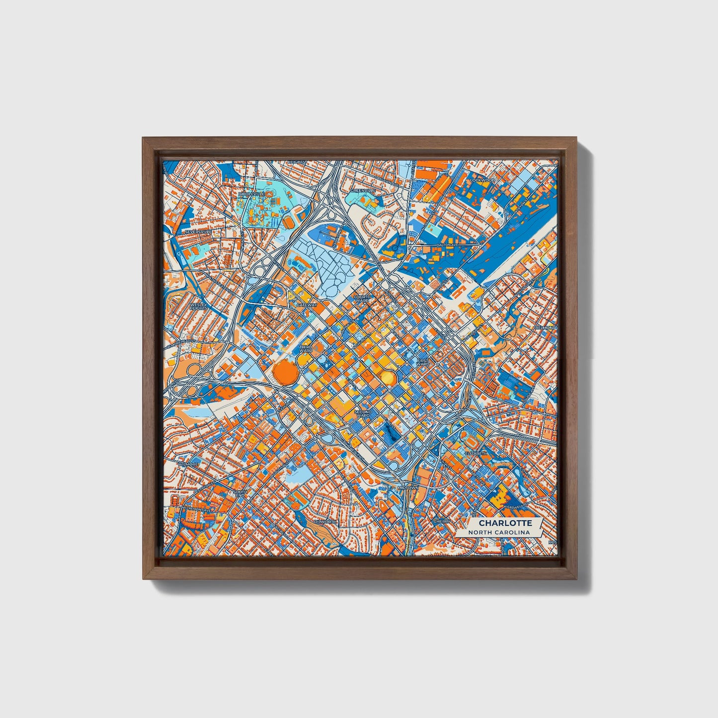 Charlotte North Carolina Colorful City Map Canvas Print • Dark Wooden Framed