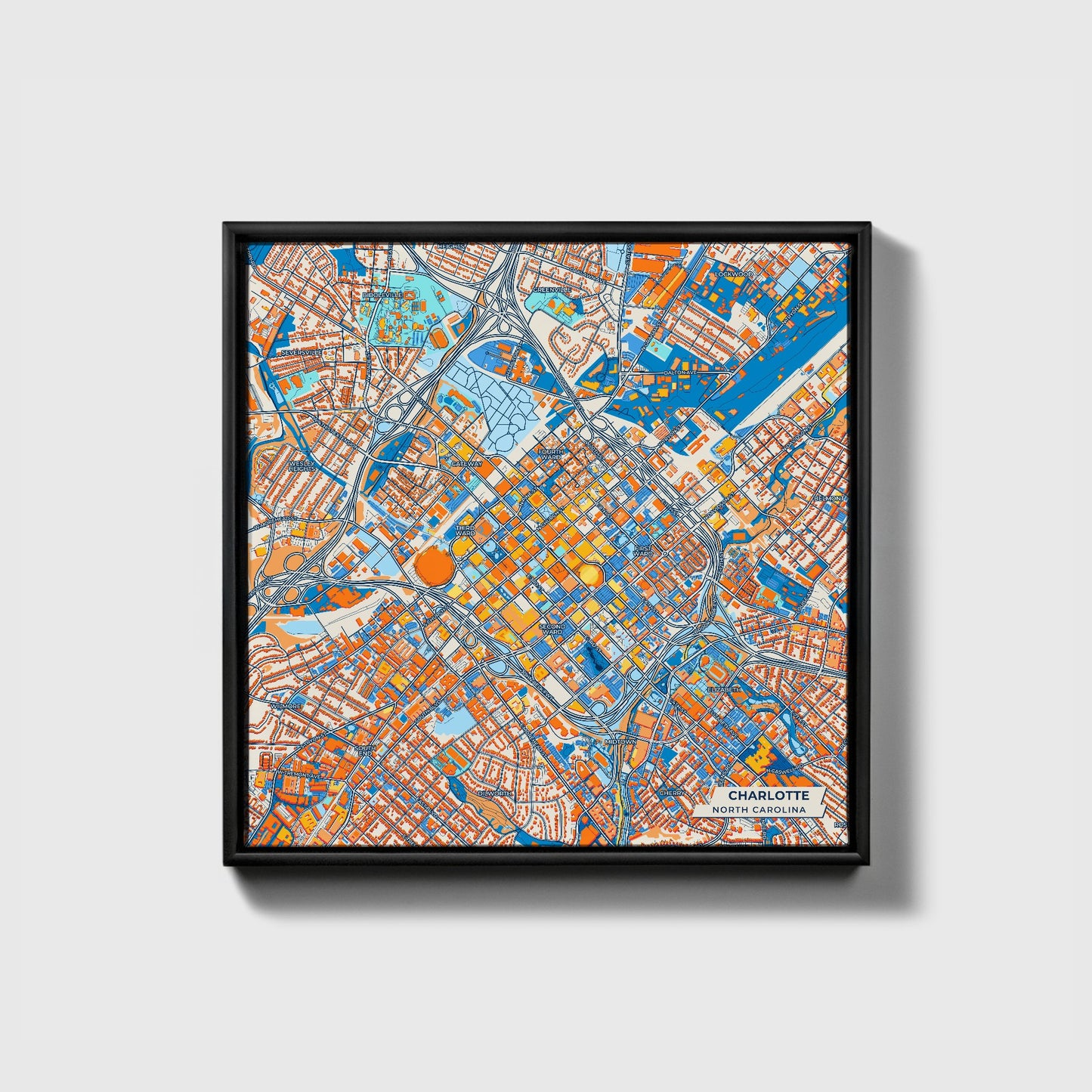 Charlotte North Carolina Colorful City Map Canvas Print • Black Framed