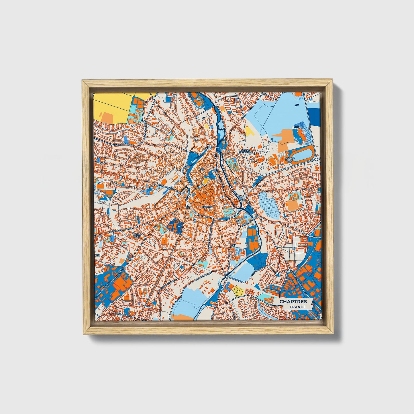 Chartres France Colorful City Map Canvas Print • Natural Wooden Framed