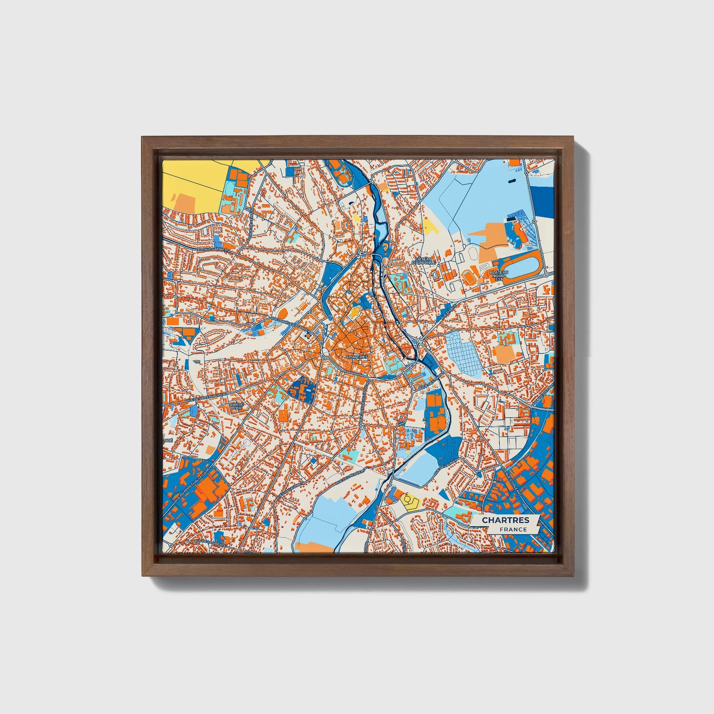 Chartres France Colorful City Map Canvas Print • Dark Wooden Framed