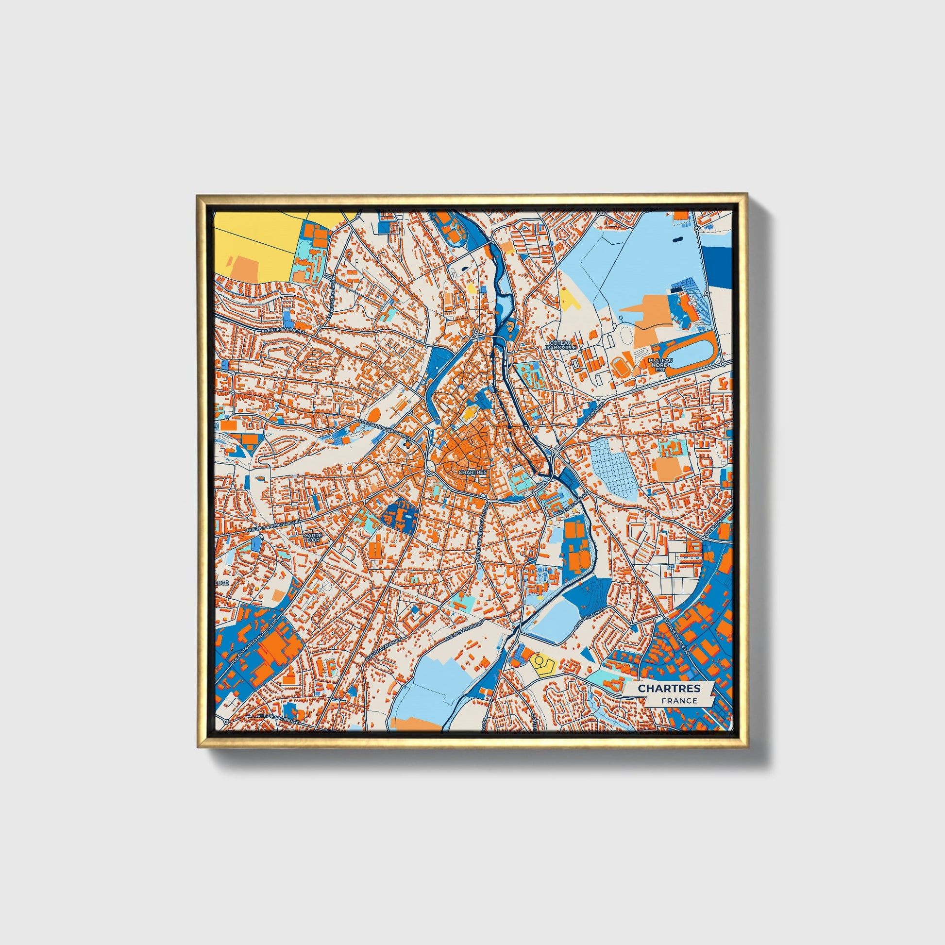 Chartres France Colorful City Map Canvas Print • Gold Framed
