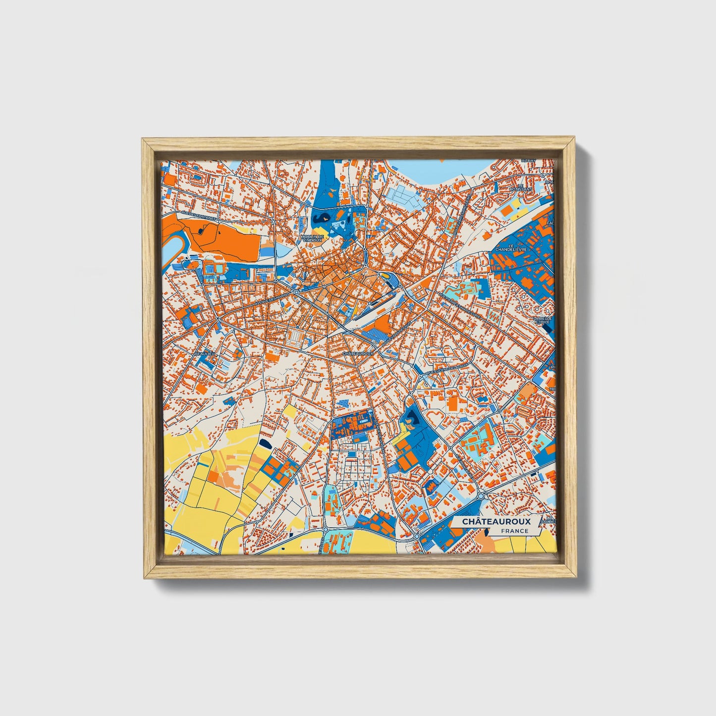 Châteauroux France Colorful City Map Canvas Print • Natural Wooden Framed