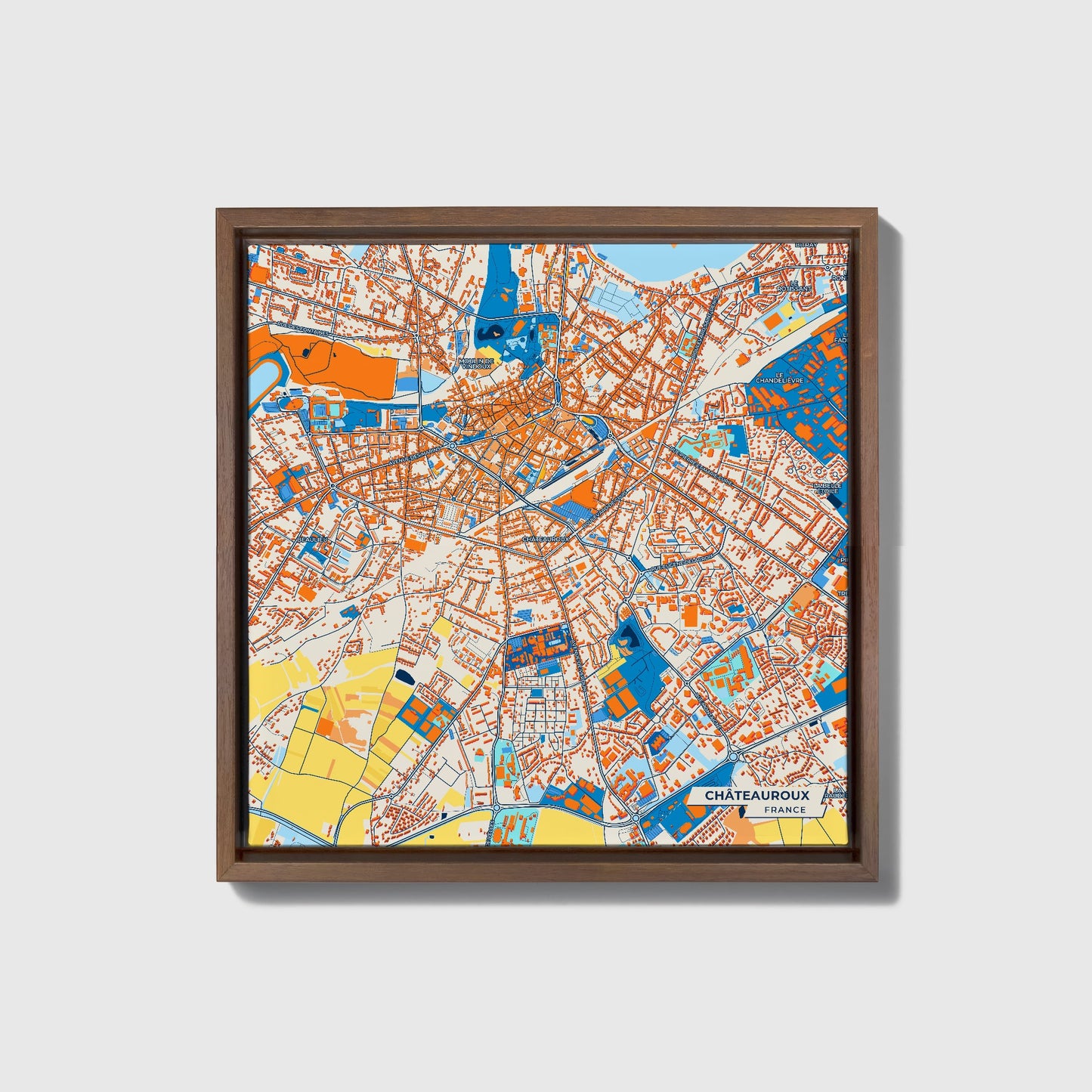 Châteauroux France Colorful City Map Canvas Print • Dark Wooden Framed