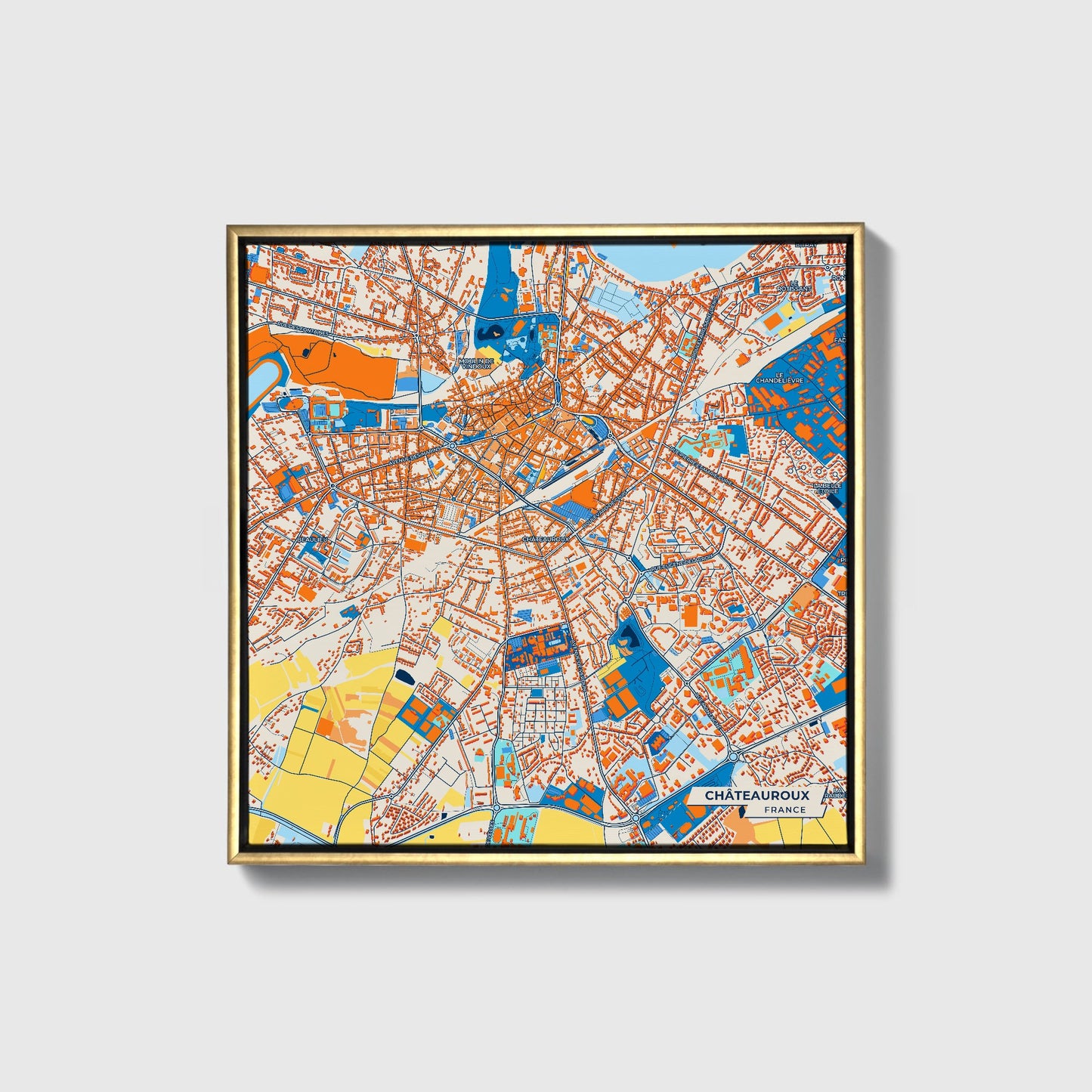 Châteauroux France Colorful City Map Canvas Print • Gold Framed