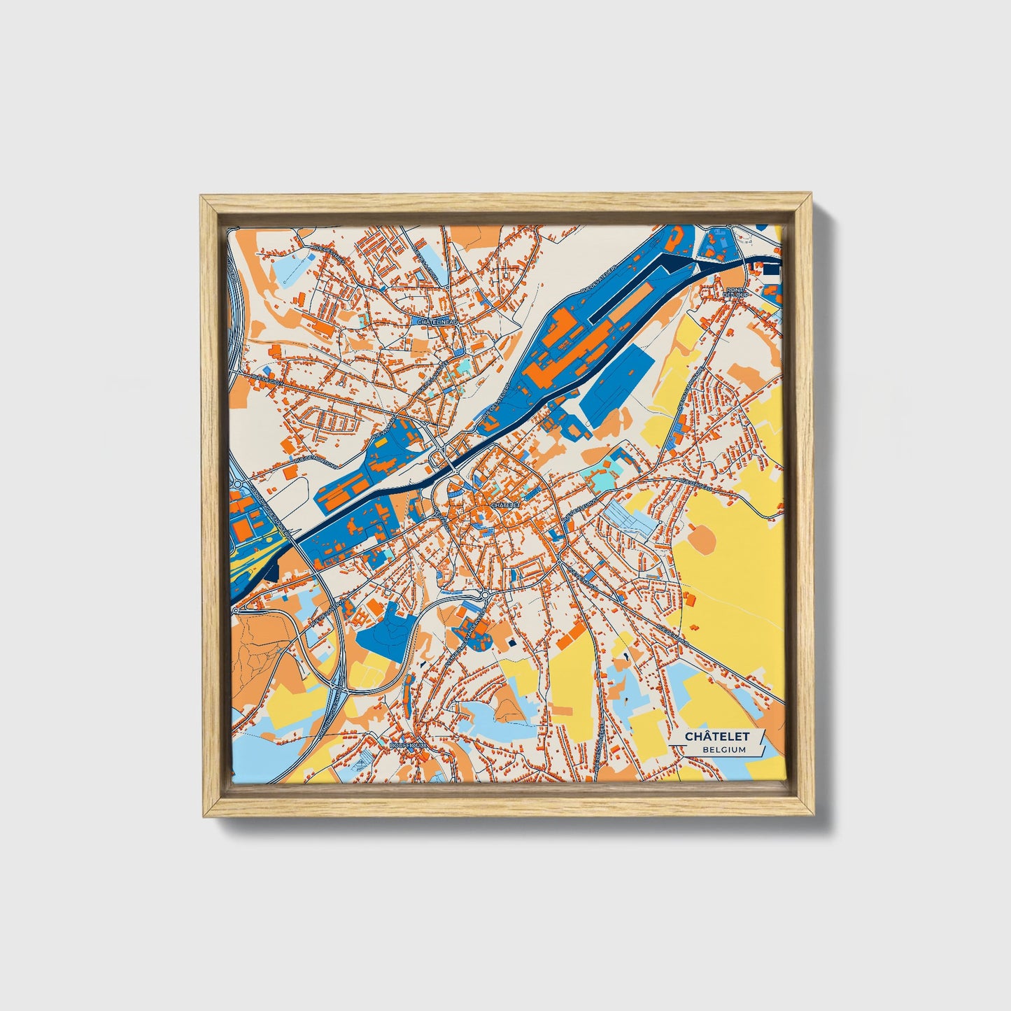 Châtelet Belgium Colorful City Map Canvas Print • Natural Wooden Framed