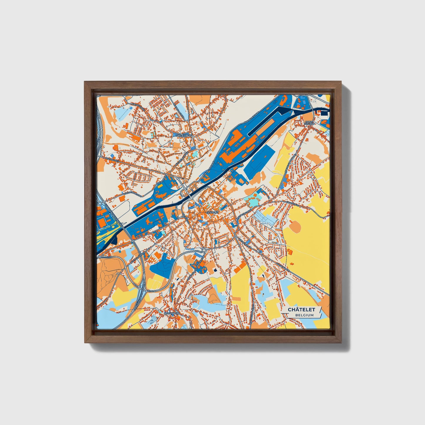 Châtelet Belgium Colorful City Map Canvas Print • Dark Wooden Framed