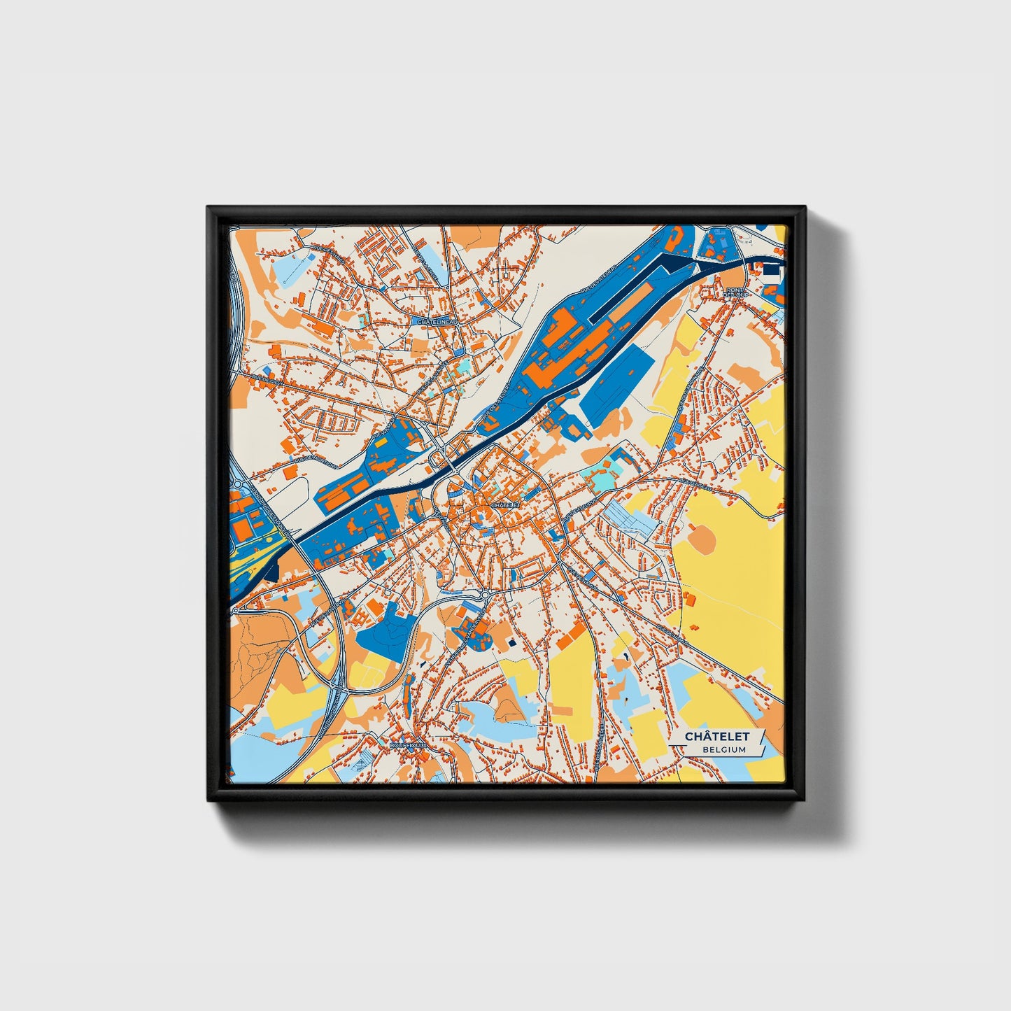 Châtelet Belgium Colorful City Map Canvas Print • Black Framed
