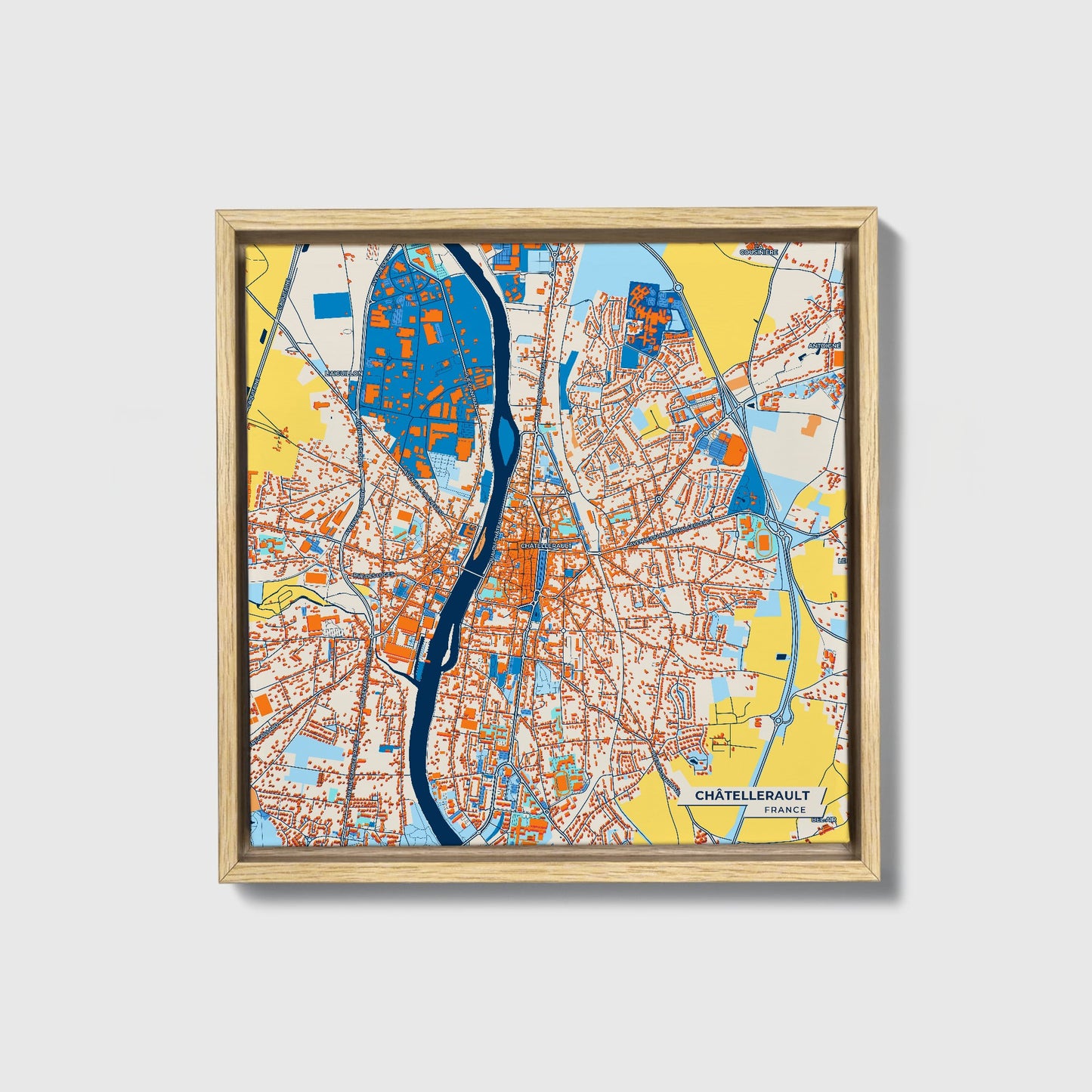 Châtellerault France Colorful City Map Canvas Print • Natural Wooden Framed