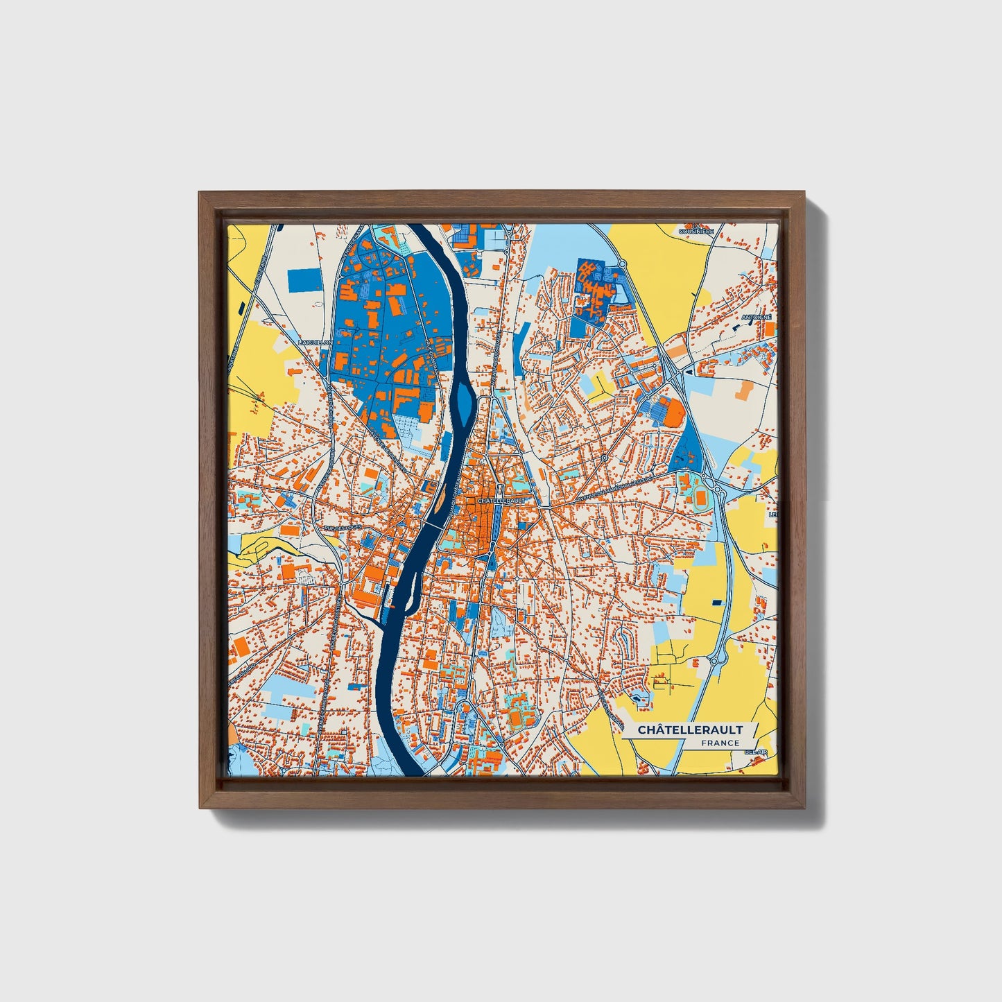 Châtellerault France Colorful City Map Canvas Print • Dark Wooden Framed