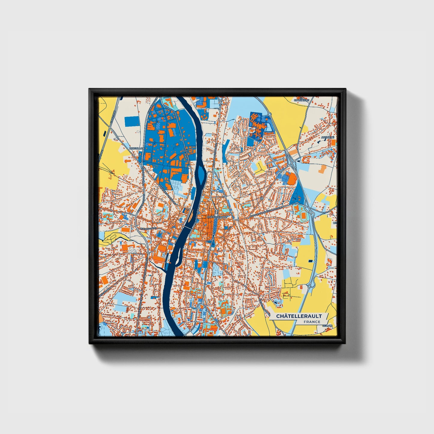 Châtellerault France Colorful City Map Canvas Print • Black Framed