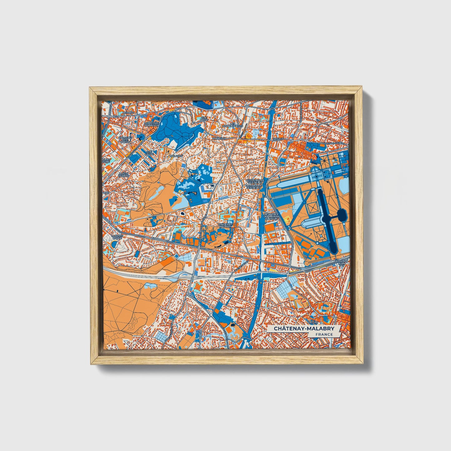 Châtenay-Malabry France Colorful City Map Canvas Print • Natural Wooden Framed