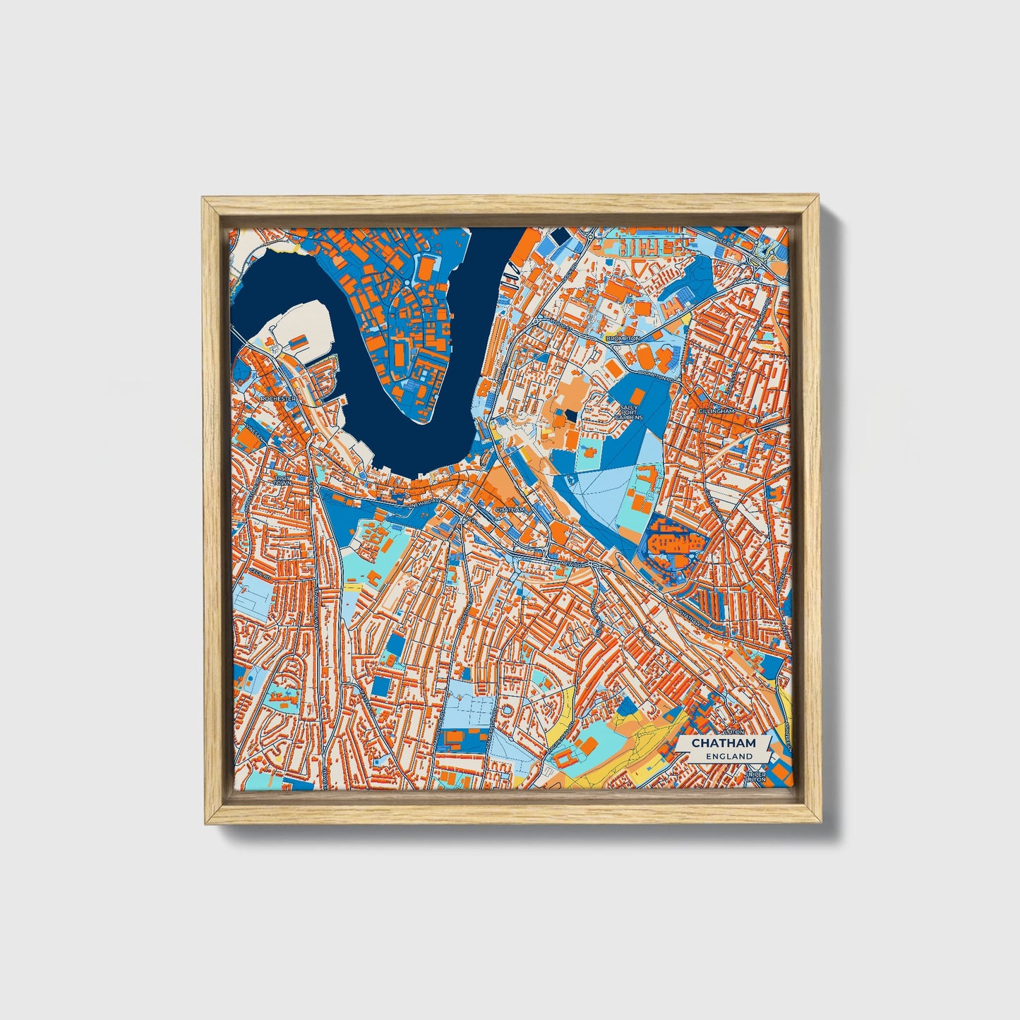 Chatham England Colorful City Map Canvas Print • Natural Wooden Framed