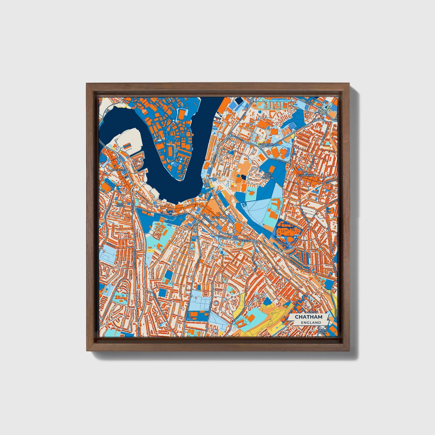 Chatham England Colorful City Map Canvas Print • Dark Wooden Framed
