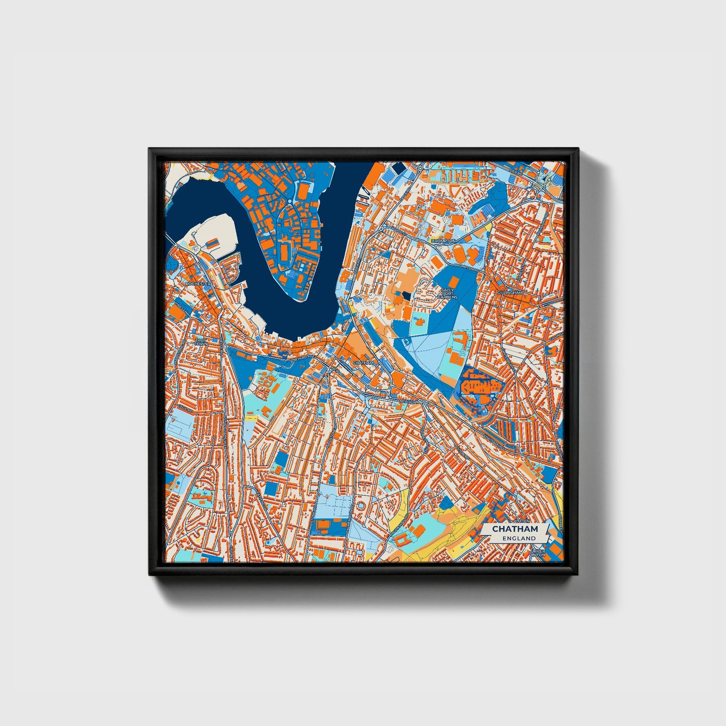 Chatham England Colorful City Map Canvas Print • Black Framed